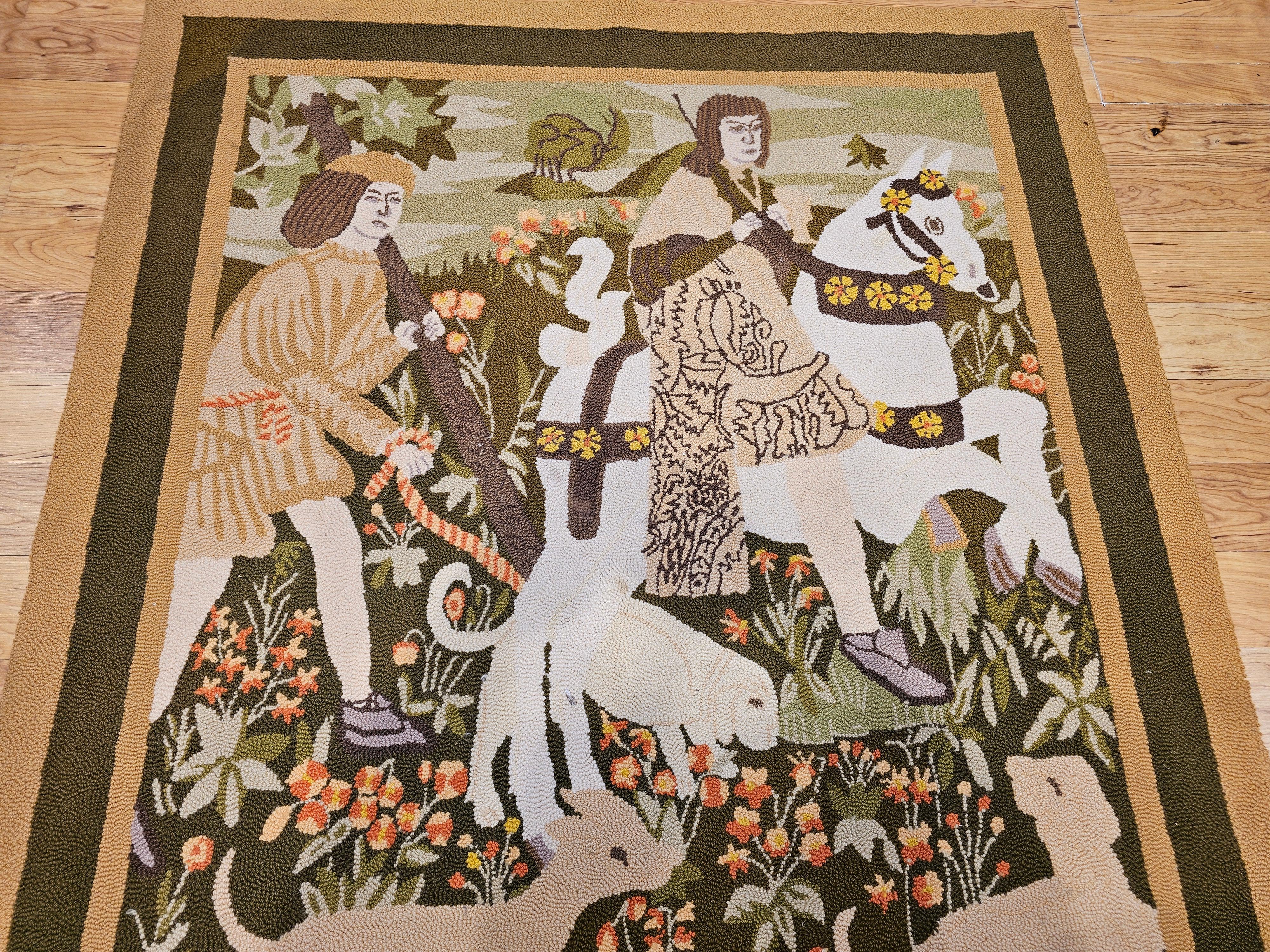 Scandinave Vintage Hand Hooked Tapestry of Forest Scene in Green, Yellow, Brown en vente