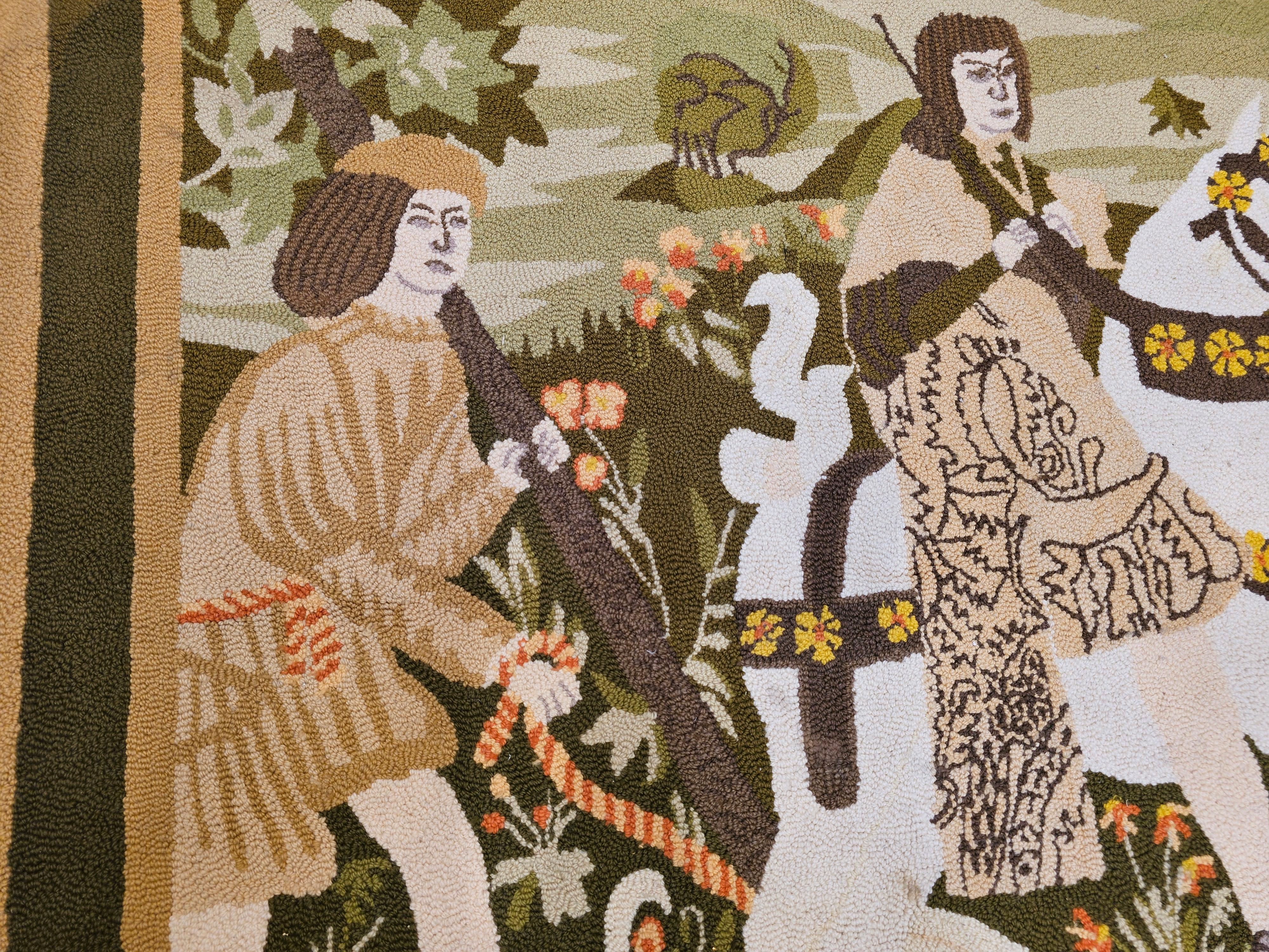 Vintage Hand Hooked Tapestry of Forest Scene in Green, Yellow, Brown Bon état - En vente à Barrington, IL