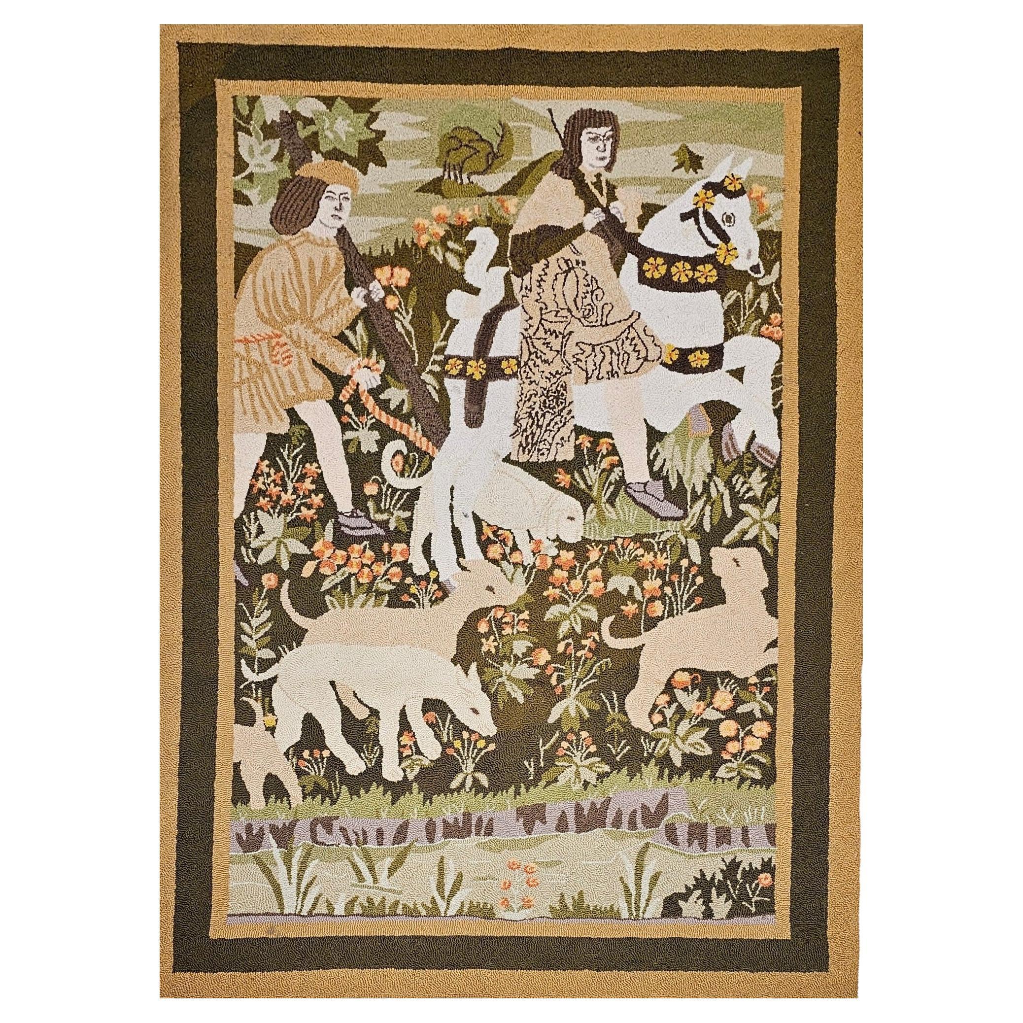 Vintage Hand Hooked Tapestry of Forest Scene in Green, Yellow, Brown en vente