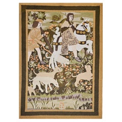 Retro Hand Hooked Tapestry of Forest Scene in Green, Yellow, Brown