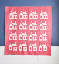 Vintage American Handmade Patchwork "Houses at Night" Quilt in Pink and White