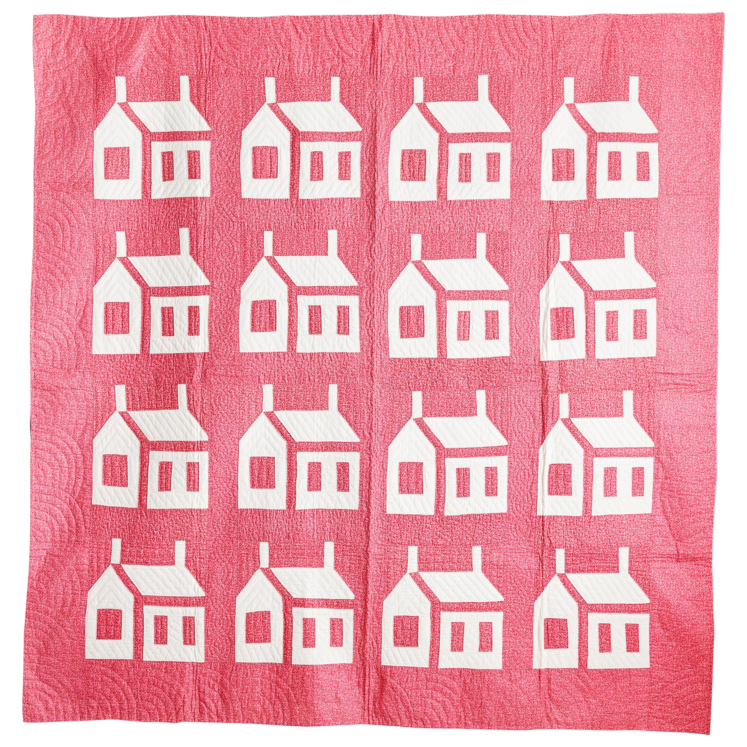 Vintage American Handmade Patchwork "Houses at Night" Quilt in Pink and White