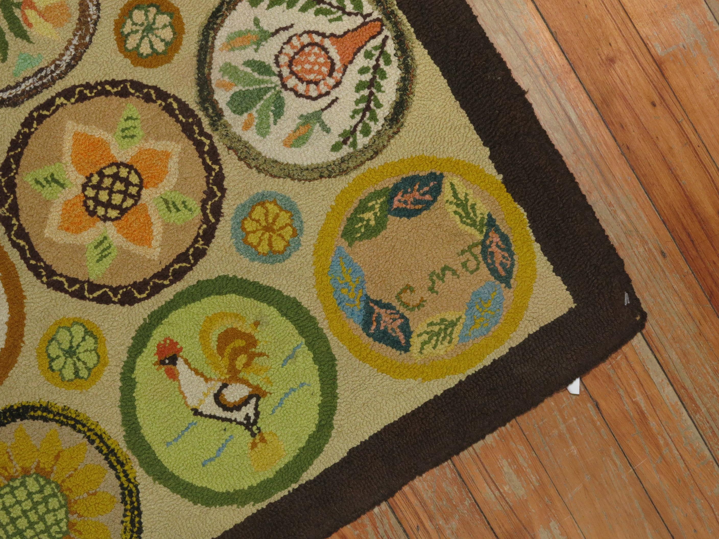 Country Folksy Pictorial Vintage American Hooked Mat Size Rug