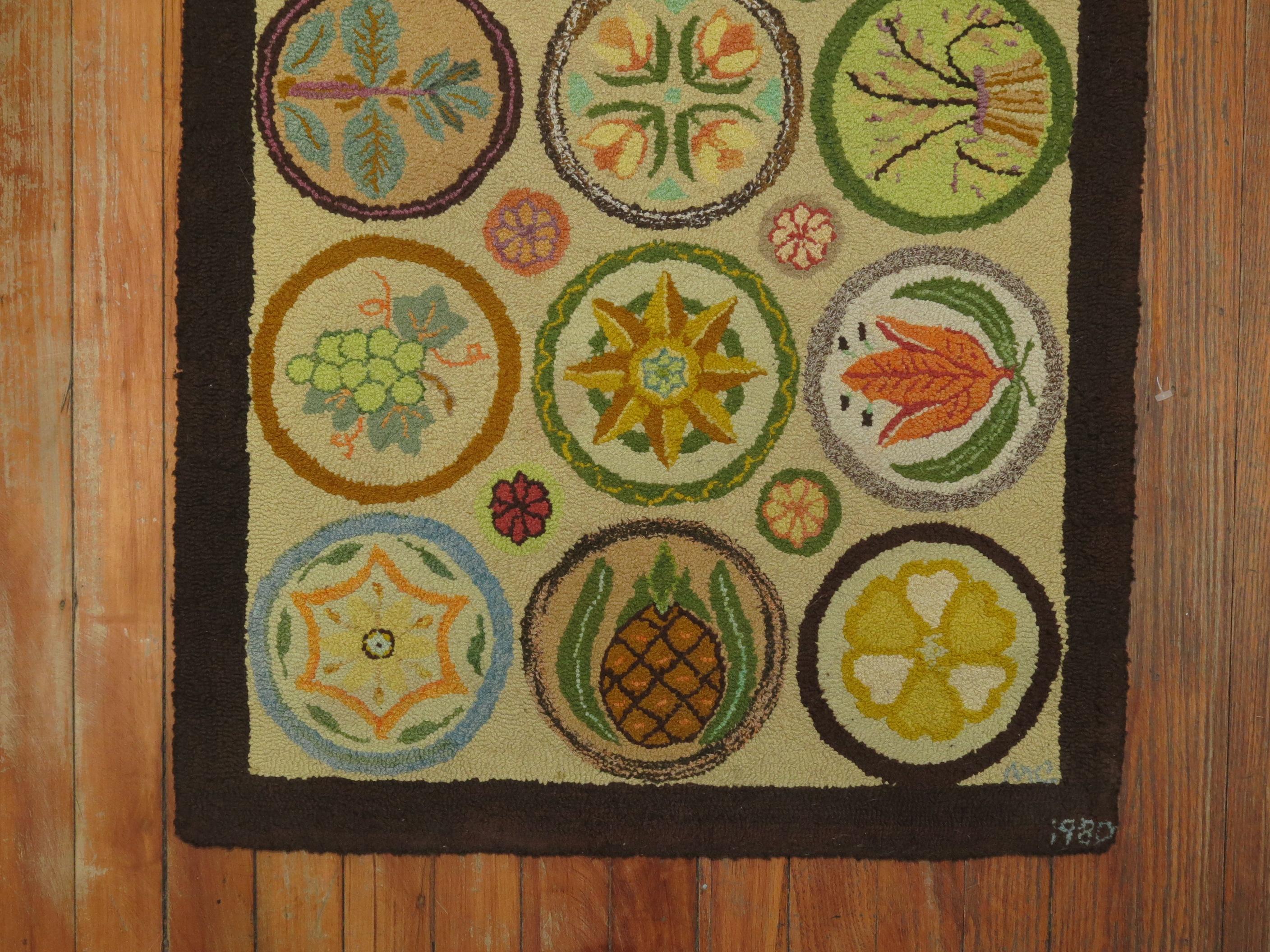 Hand-Woven Folksy Pictorial Vintage American Hooked Mat Size Rug