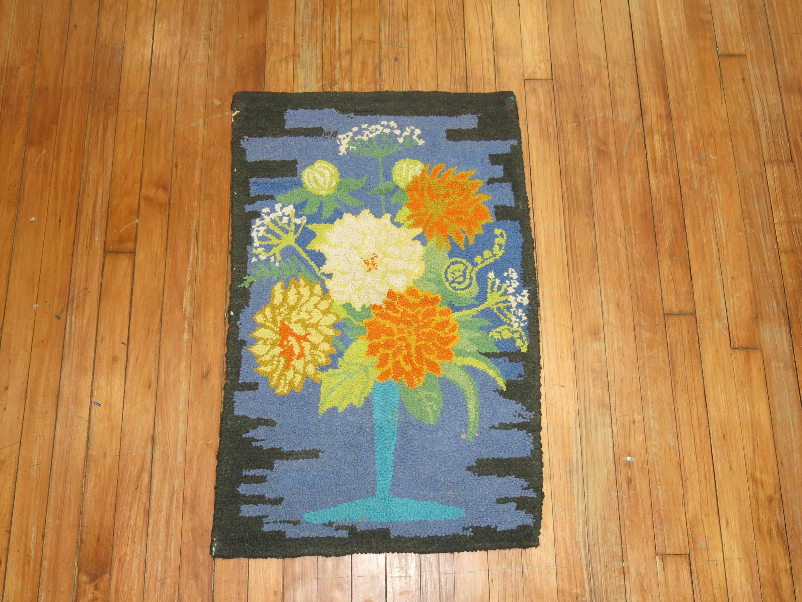 20th Century Vintage American Hooked Mat Size Rug