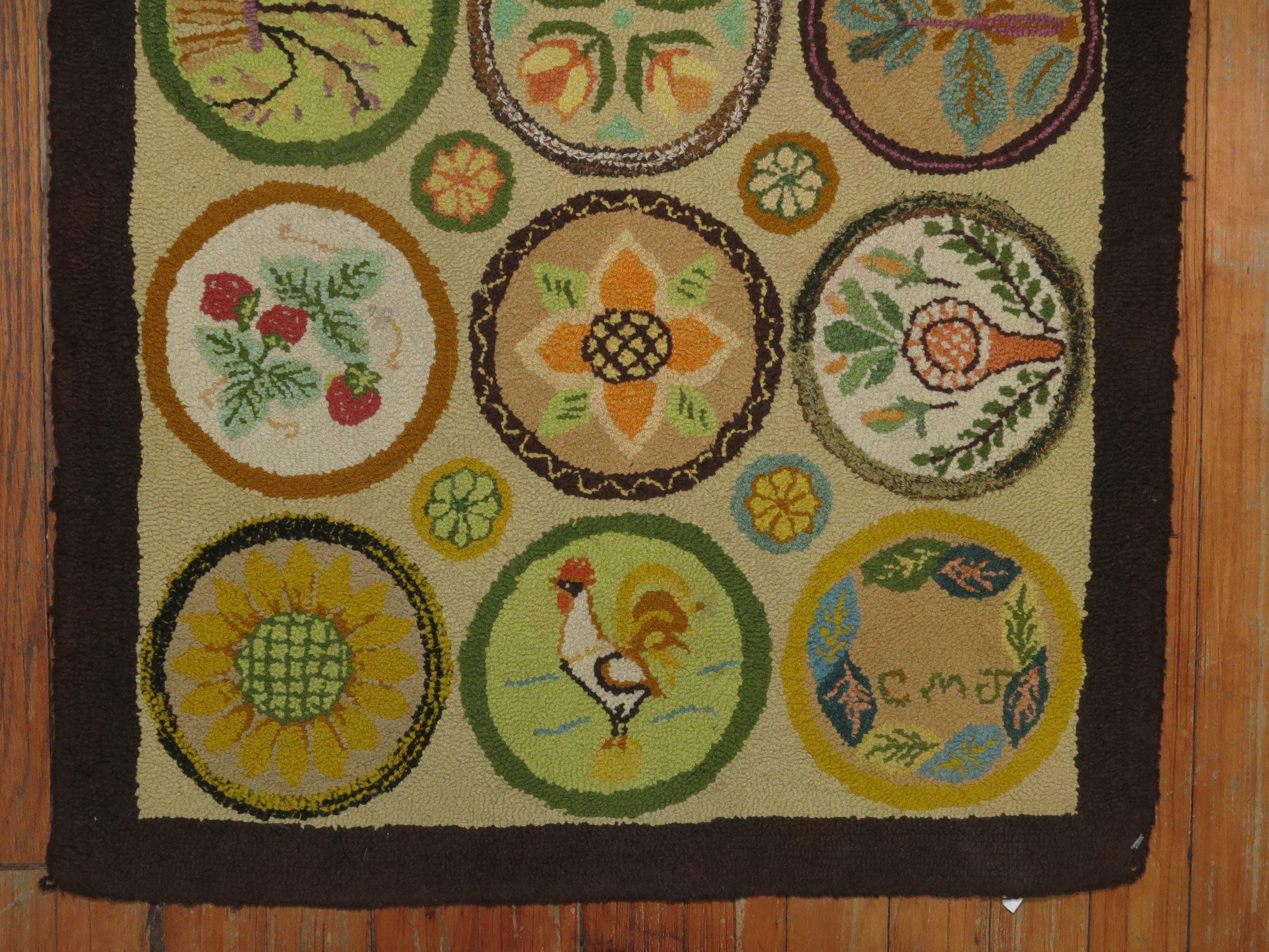 20th Century Folksy Pictorial Vintage American Hooked Mat Size Rug