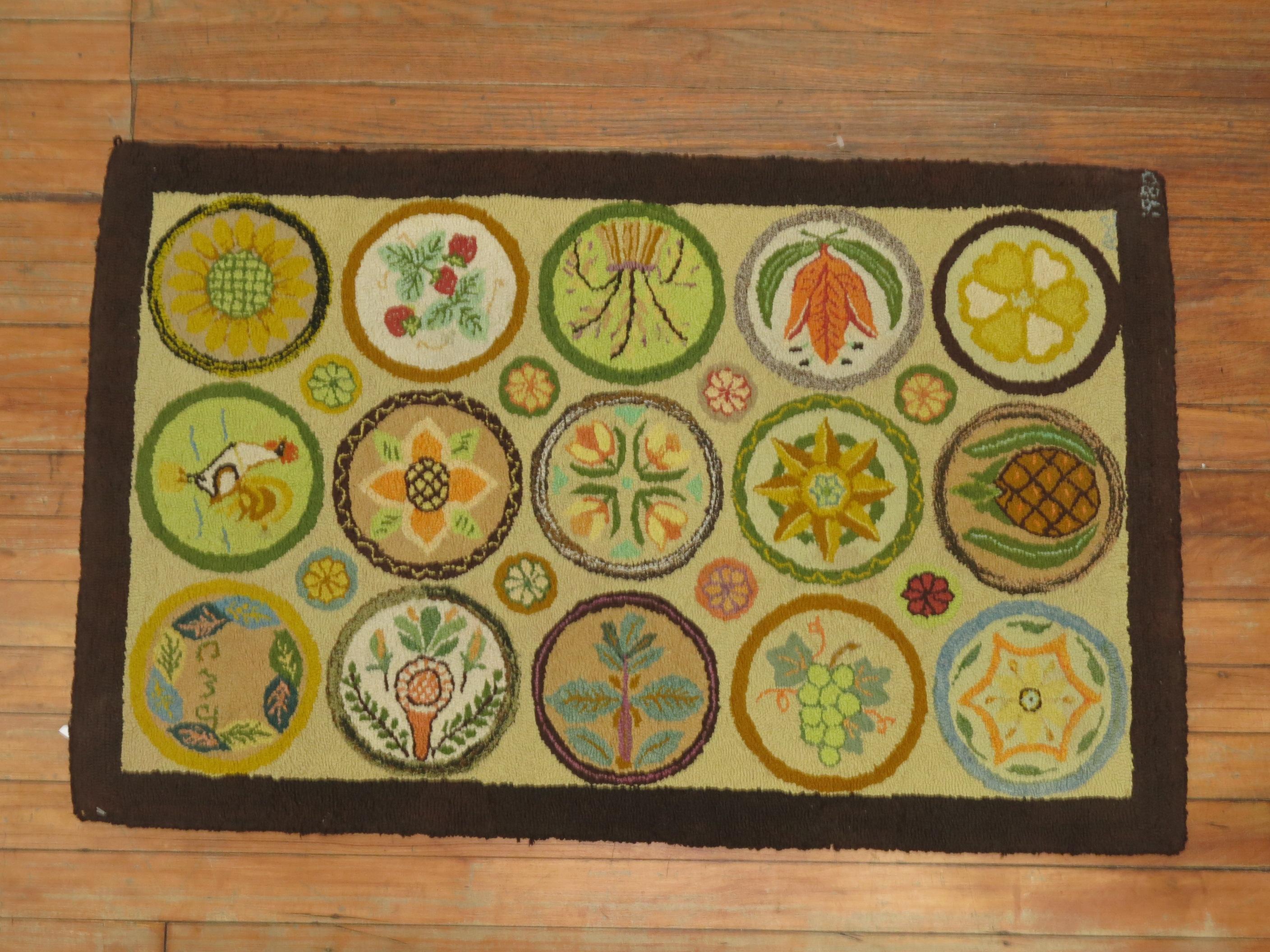 Wool Folksy Pictorial Vintage American Hooked Mat Size Rug