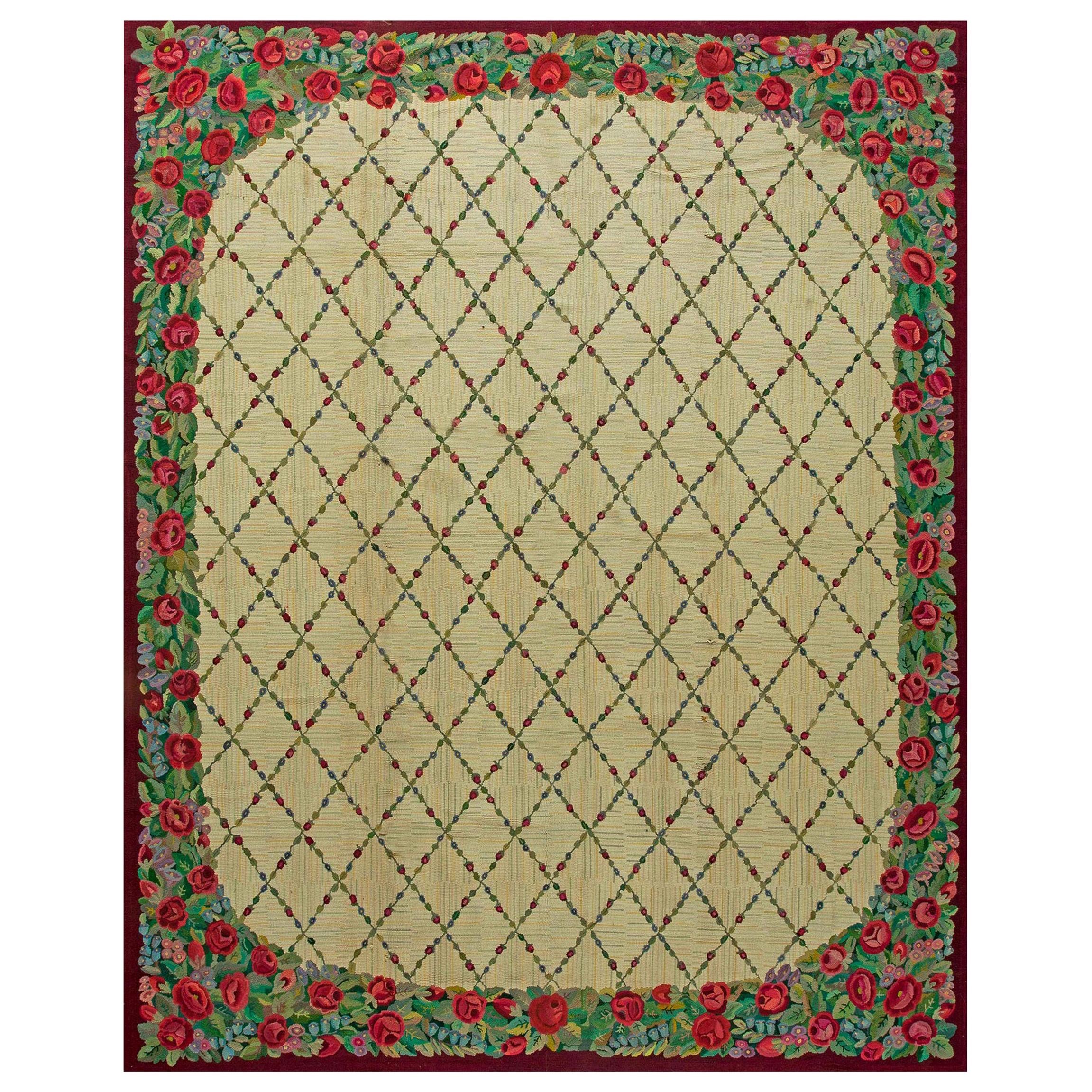 Vintage American Hooked Colorful Floral Handmade Wool Rug For Sale at