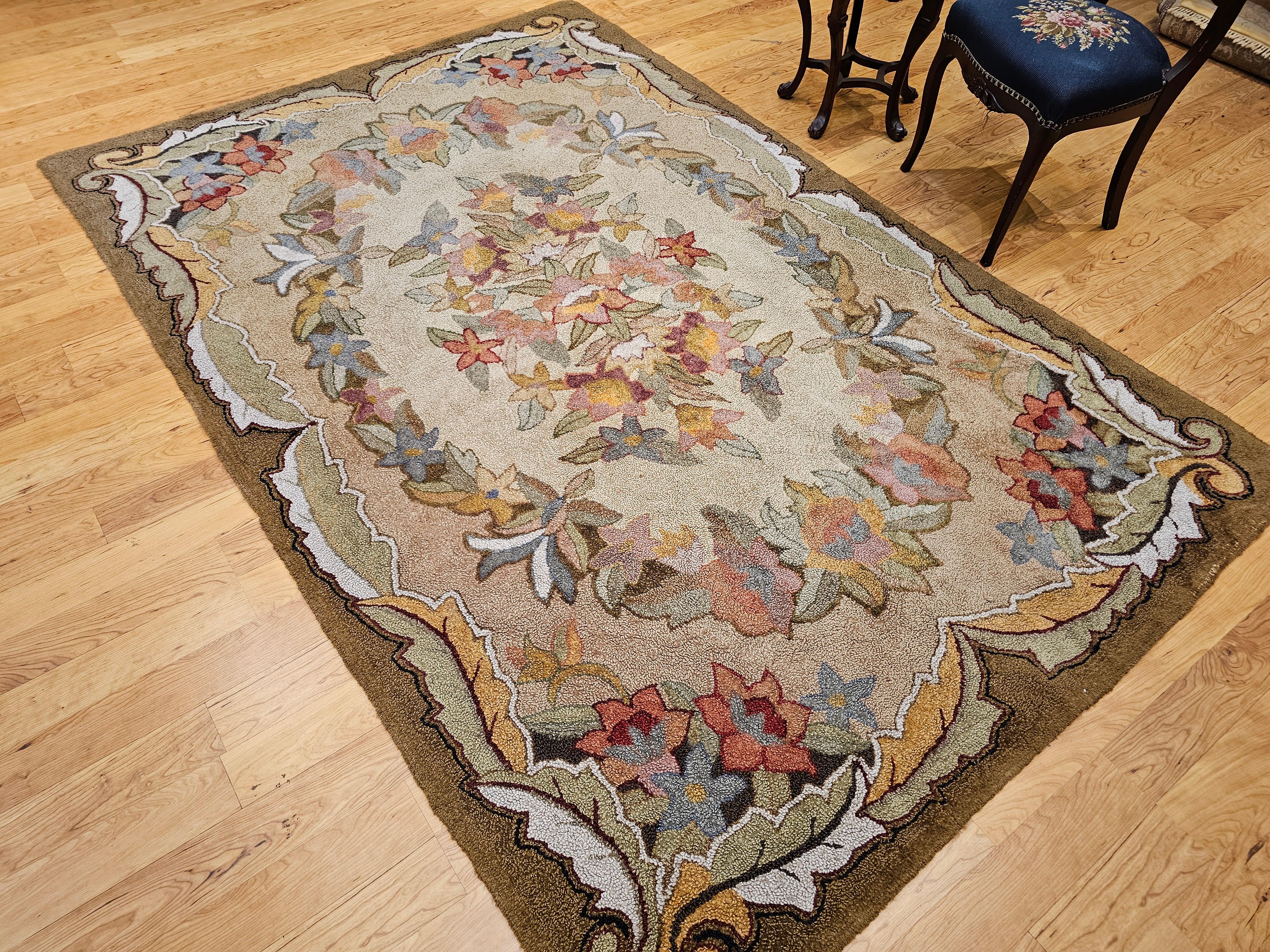Vintage American Hand Hooked Rug in Floral Pattern in Green, Blue, Pink, Red For Sale 4