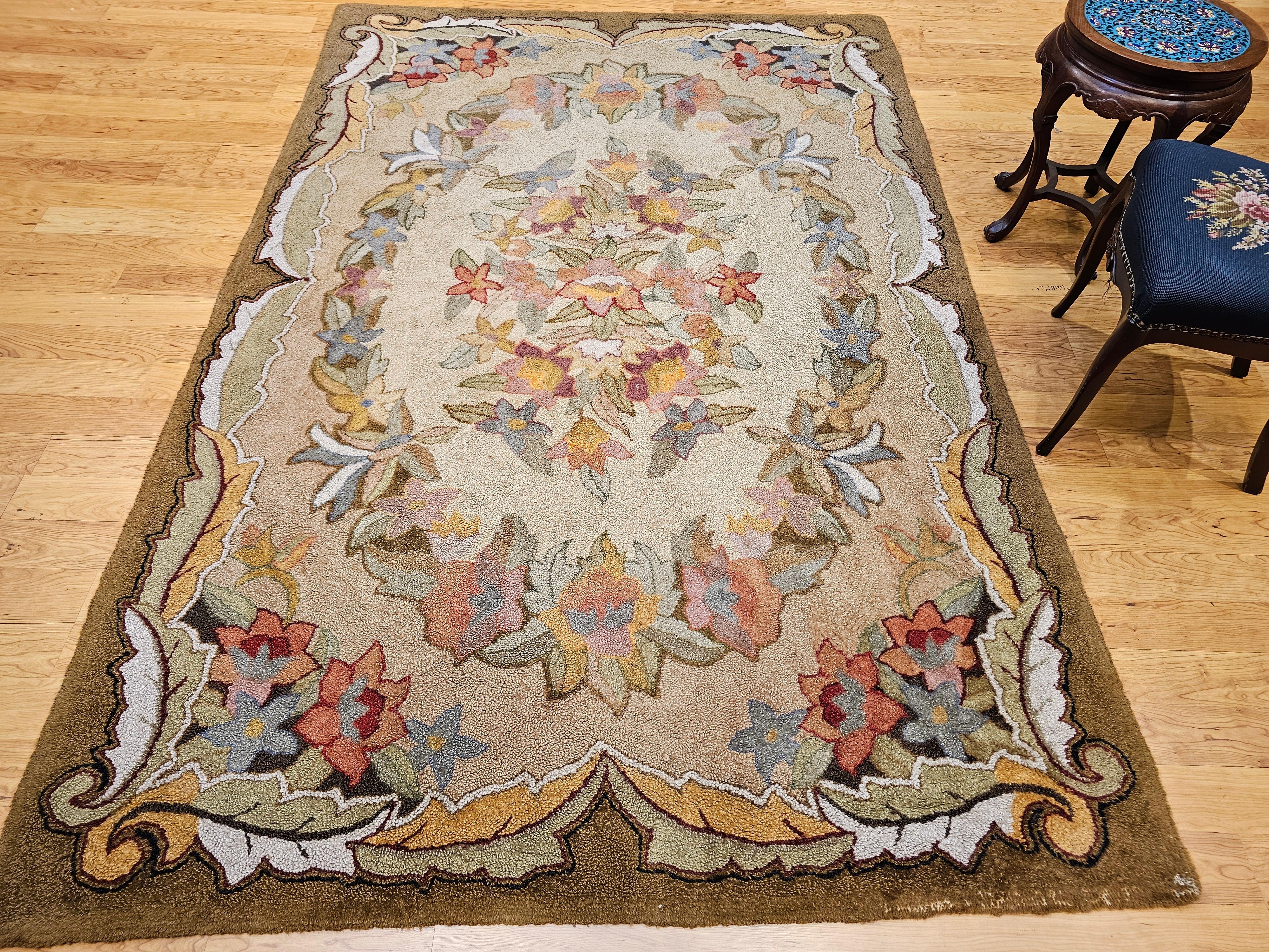 Vintage American Hand Hooked Rug in Floral Pattern in Green, Blue, Pink, Red For Sale 5