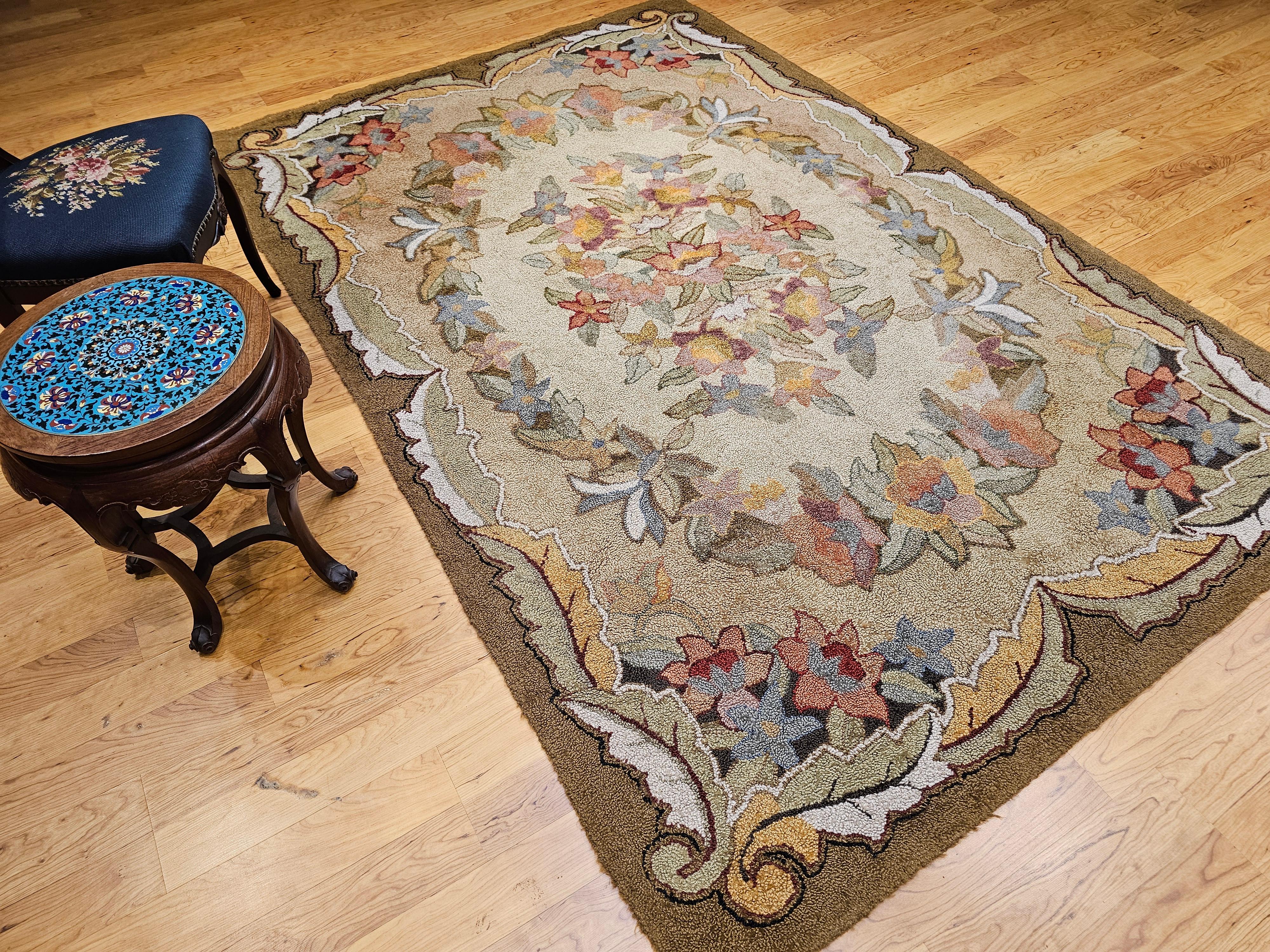 Vintage American Hand Hooked Rug in Floral Pattern in Green, Blue, Pink, Red For Sale 8