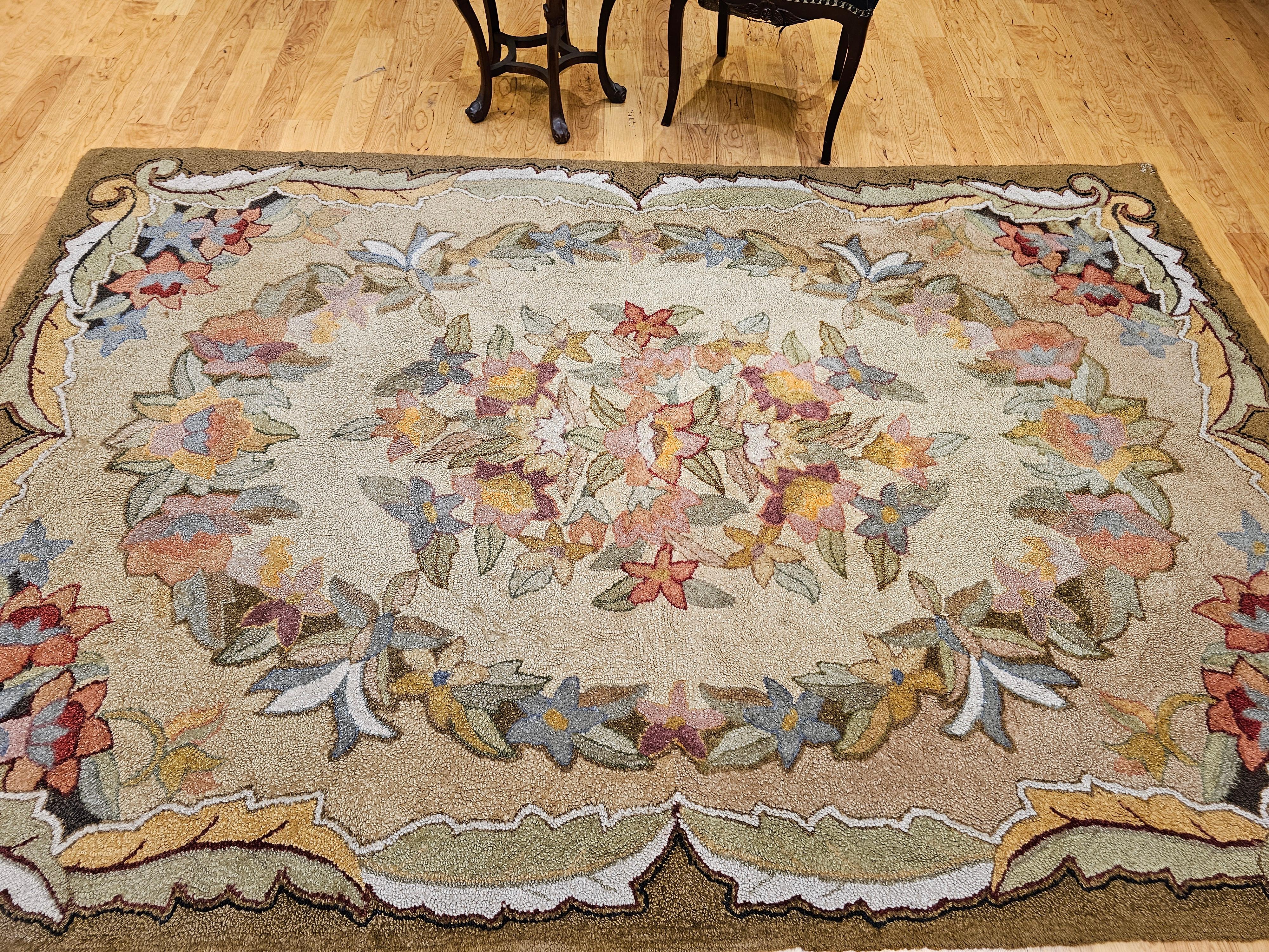Vintage American Hand Hooked Rug in Floral Pattern in Green, Blue, Pink, Red For Sale 7
