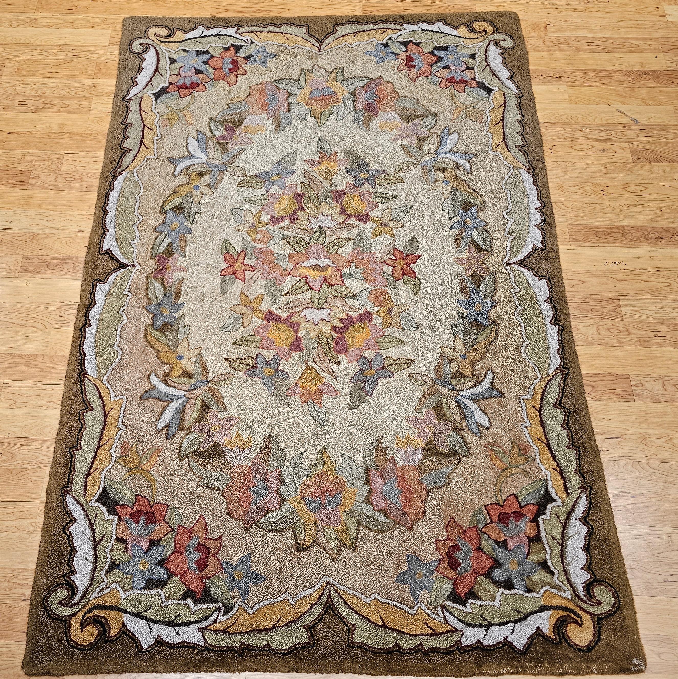 Vintage American Hand Hooked Rug in Floral Pattern in Green, Blue, Pink, Red For Sale 11