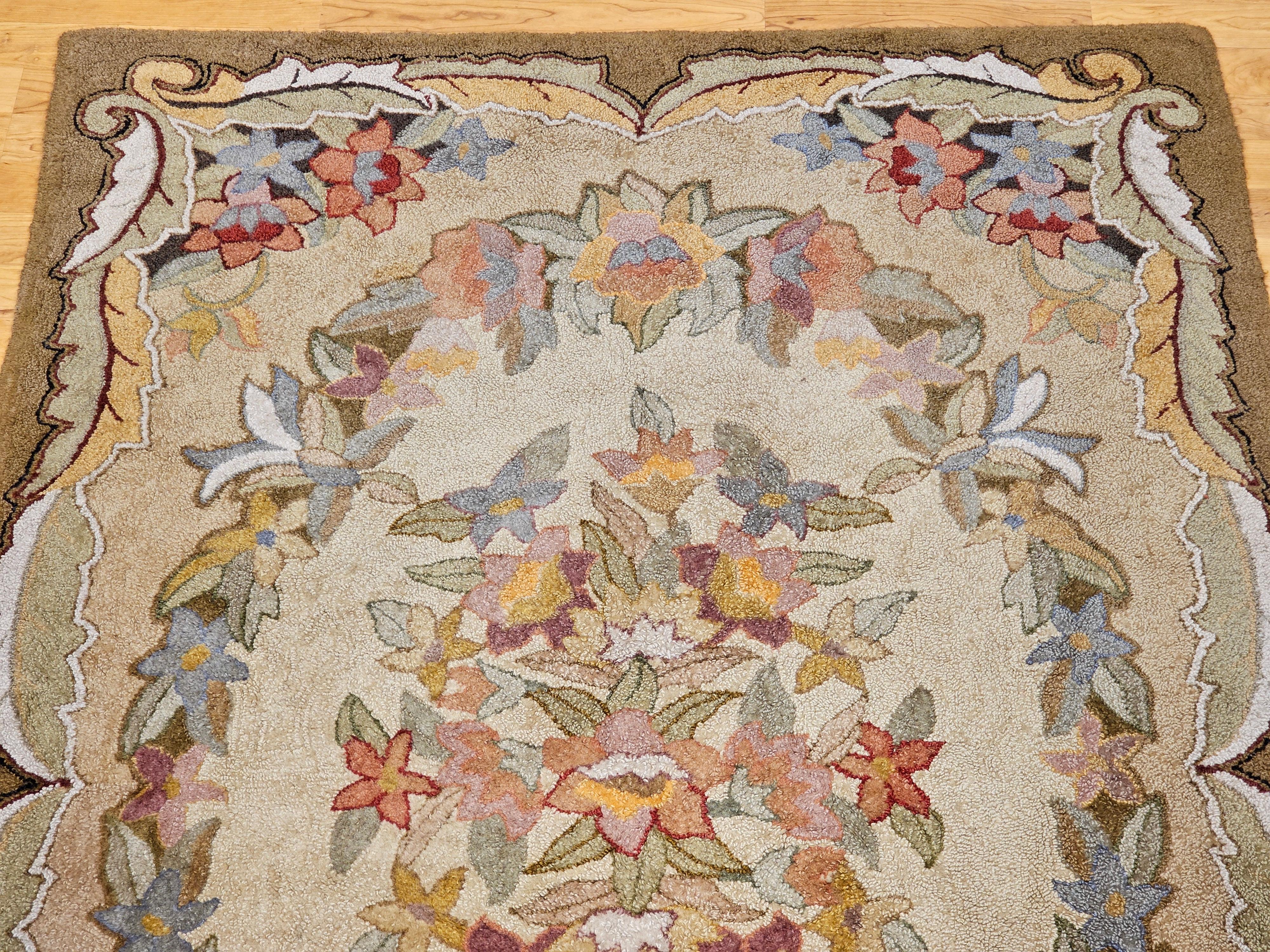 Hand-Crafted Vintage American Hand Hooked Rug in Floral Pattern in Green, Blue, Pink, Red For Sale