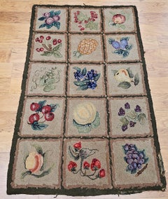Vintage American Hooked Rug in Fruit Blocks Pattern