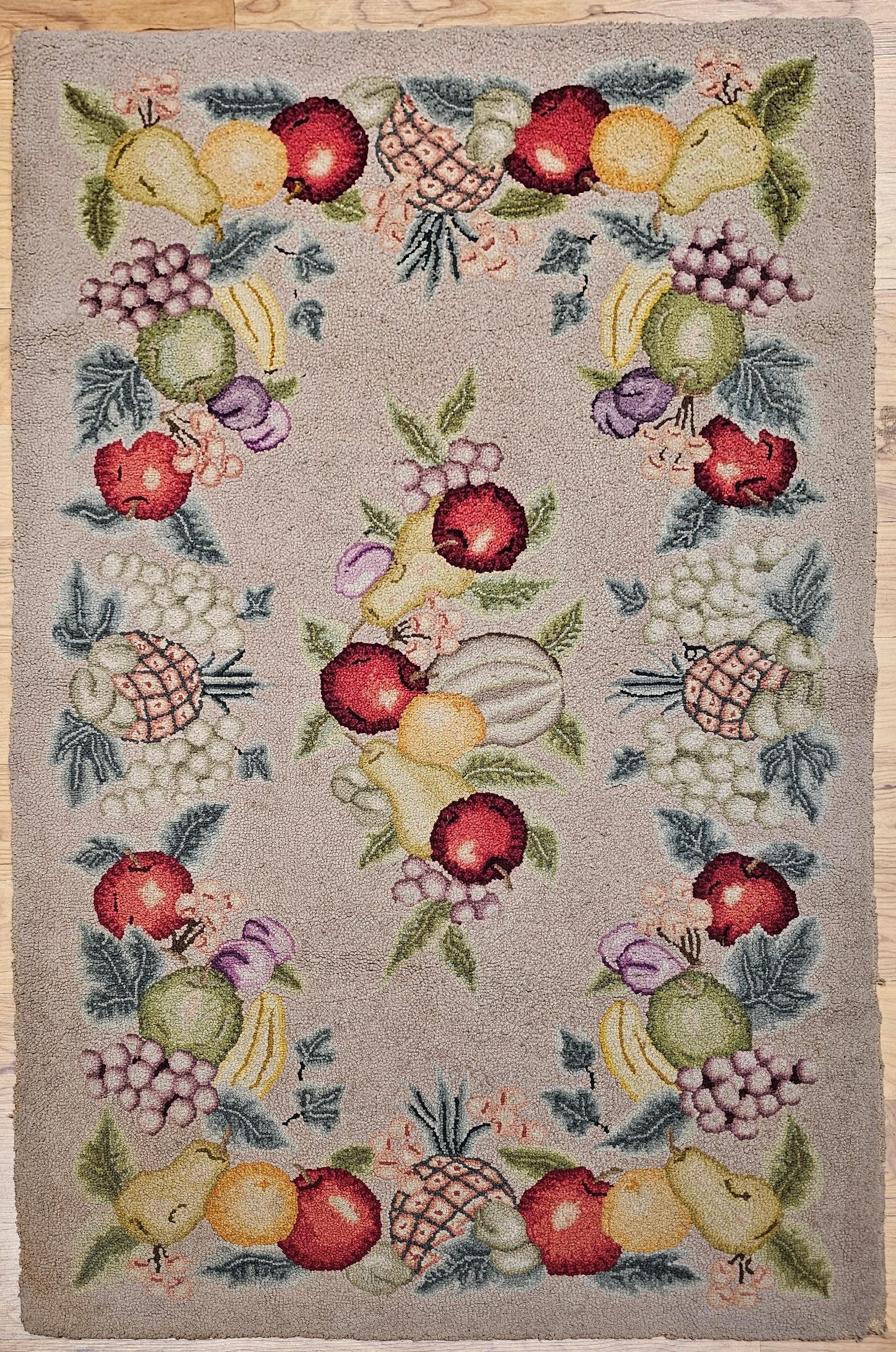 Hand-Crafted Vintage American Hooked Rug in Fruit Pattern For Sale