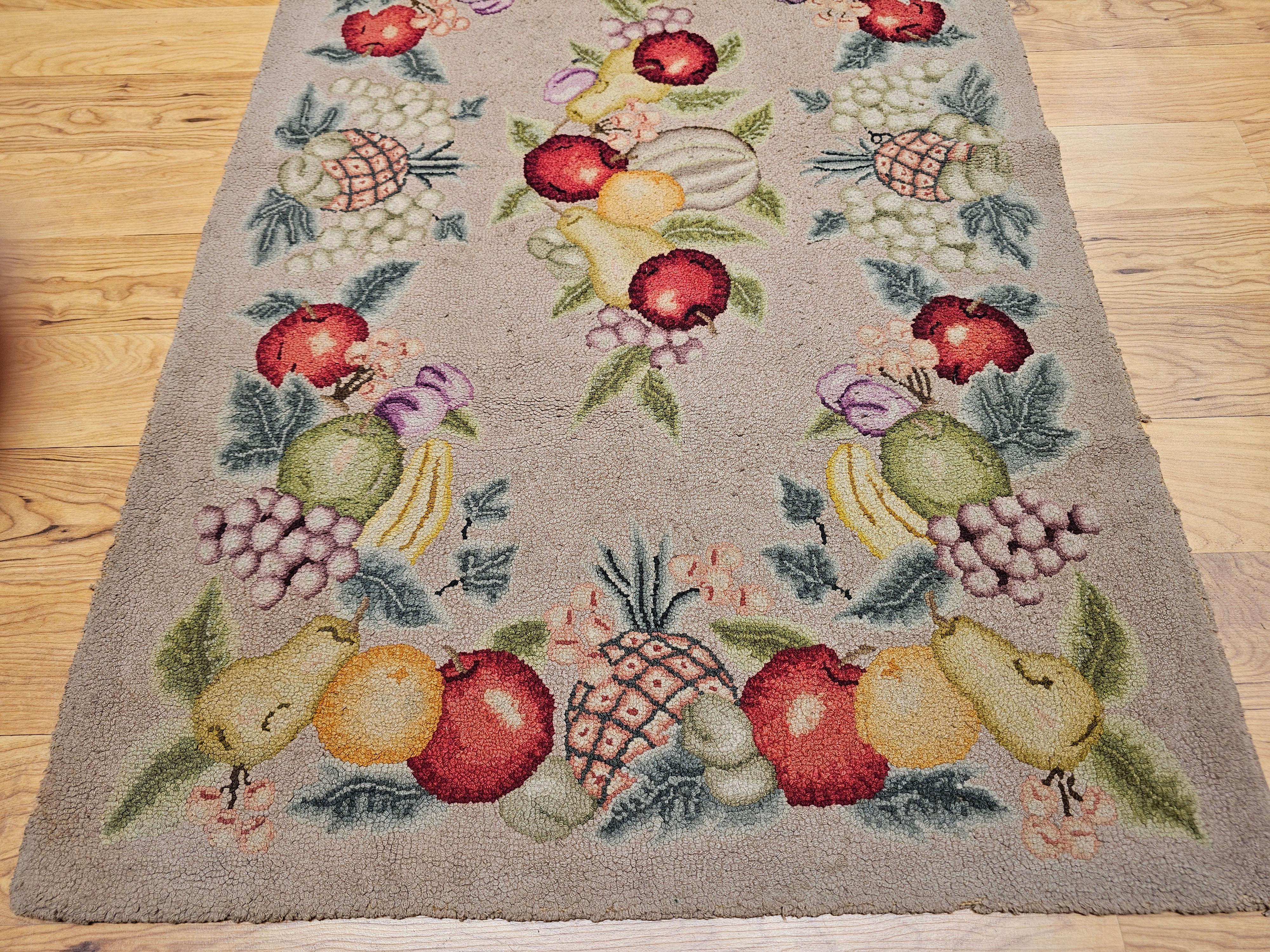 Vintage American Hooked Rug in Fruit Pattern In Good Condition For Sale In Barrington, IL