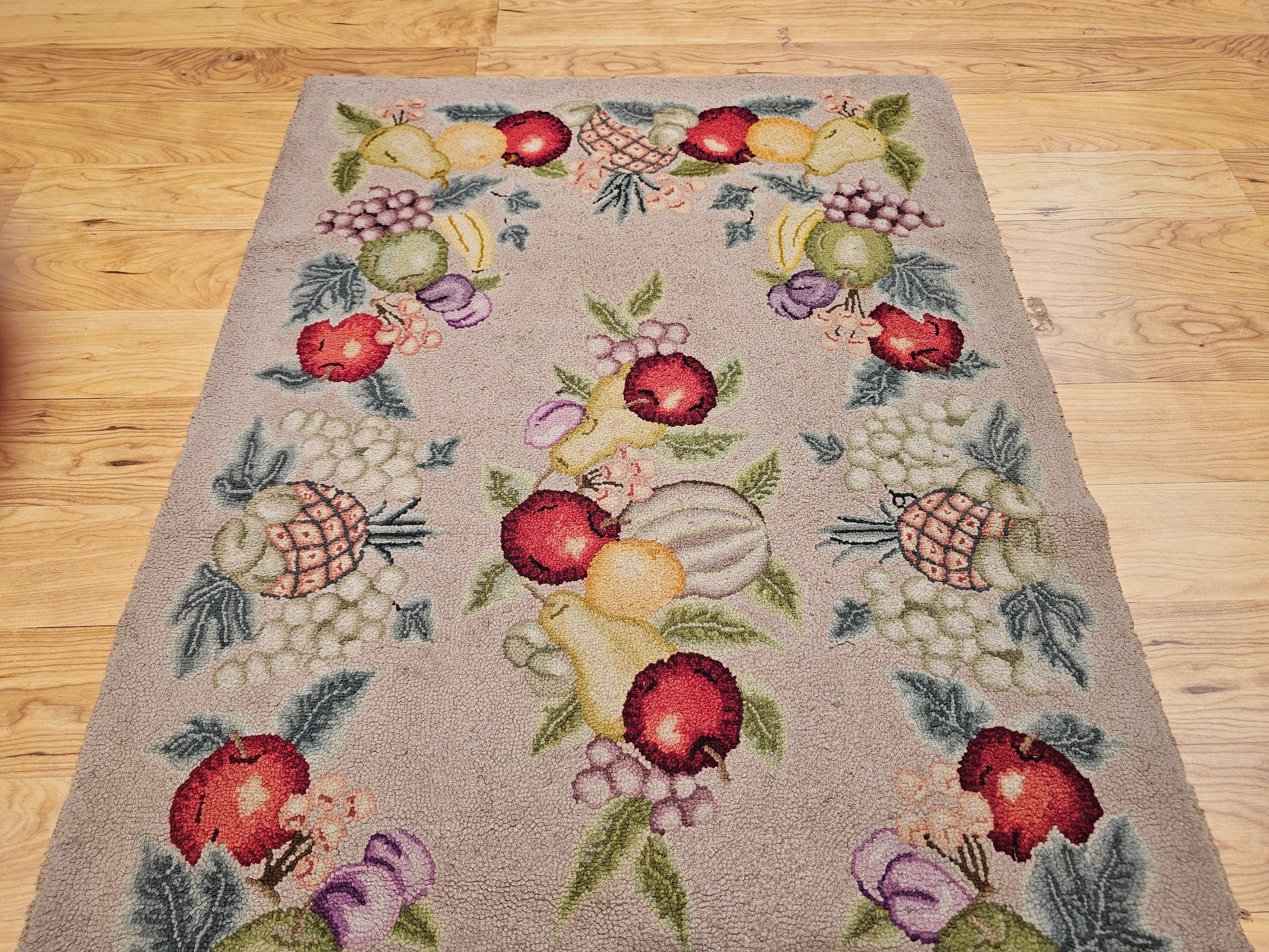 Wool Vintage American Hooked Rug in Fruit Pattern For Sale
