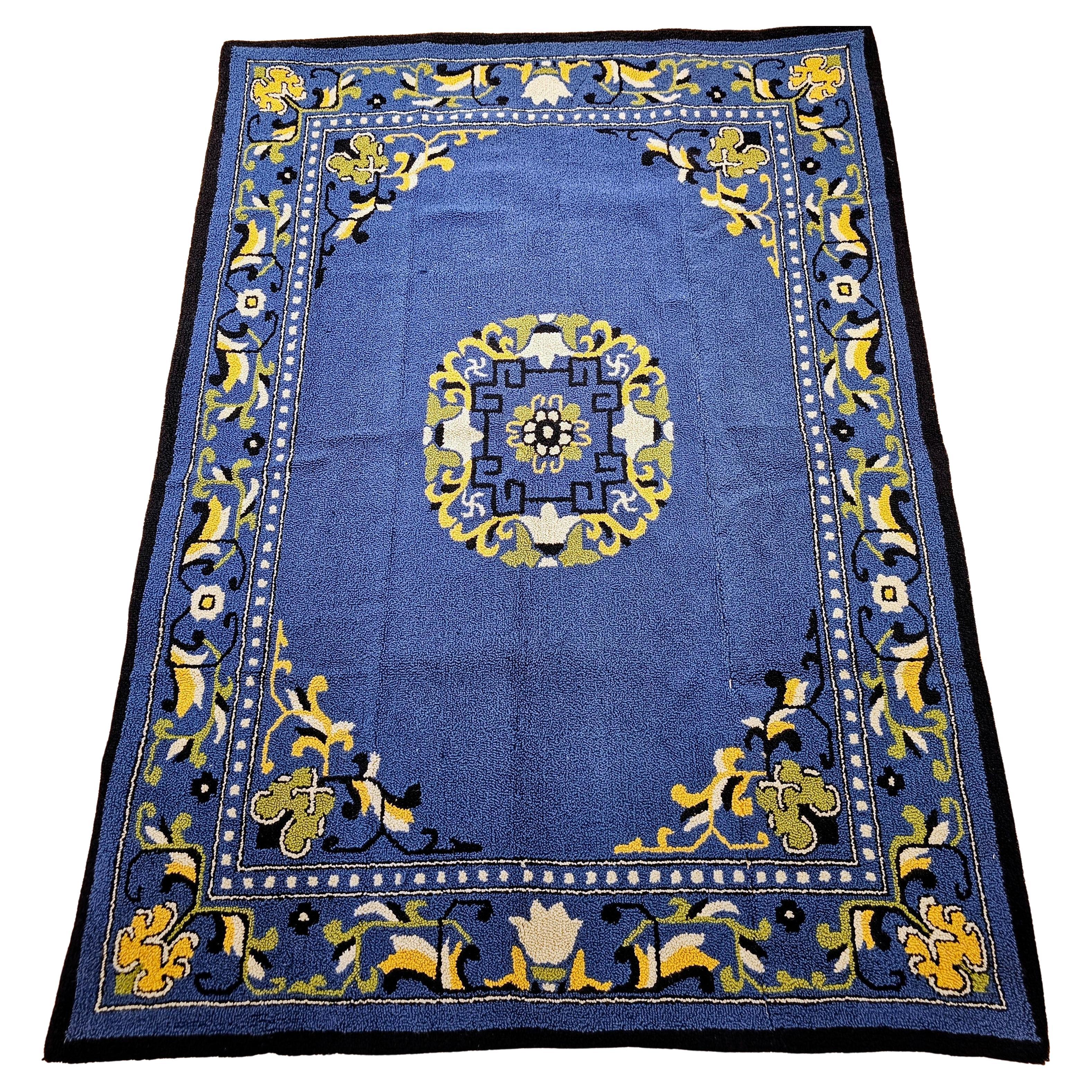 Vintage American Hooked Rug Inspired by Antique Peking Design For Sale