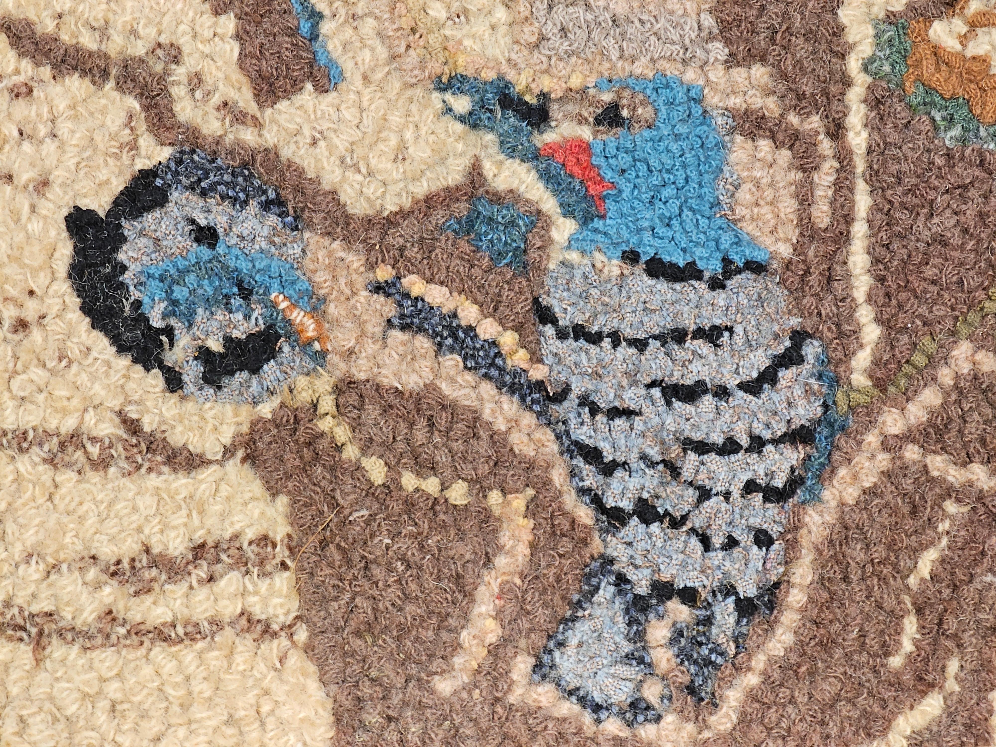 Vintage American Hooked Rug of Birds in Tree Nest in Lavender, Brown, Blue, Red In Good Condition For Sale In Barrington, IL