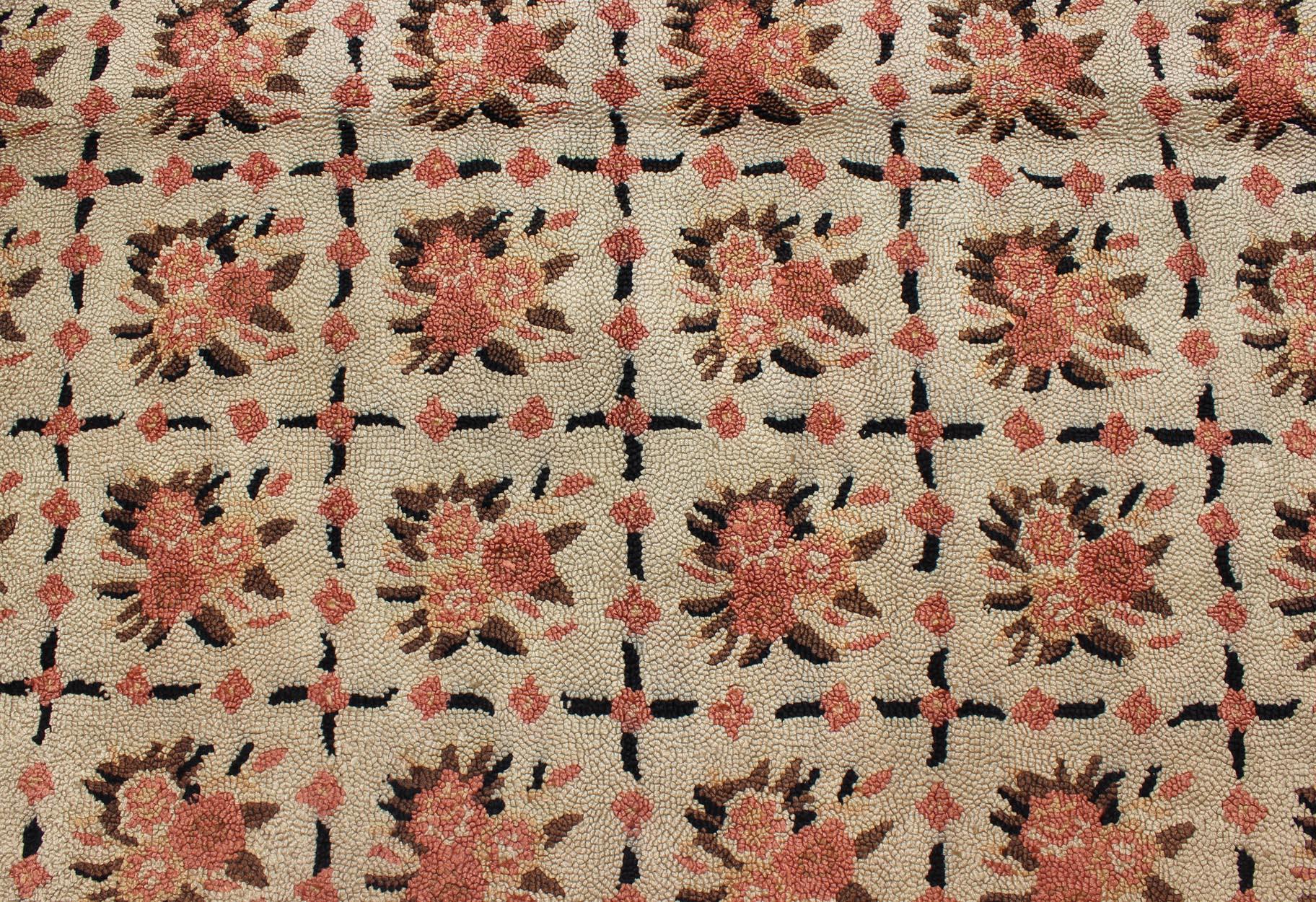 Wool Vintage American Hooked Rug with All-Over Checkered Pattern of Floral Bouquets