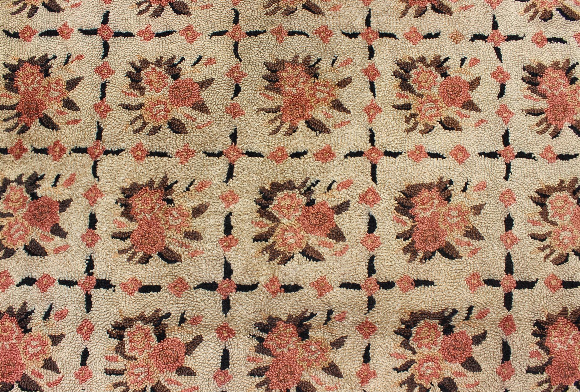 Vintage American Hooked Rug with All-Over Checkered Pattern of Floral Bouquets 1