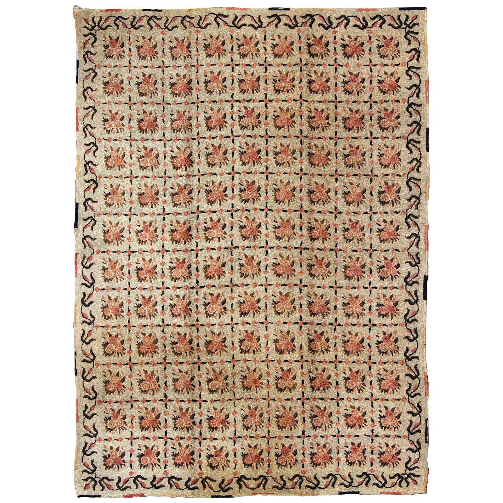 Vintage American Hooked Rug with All-Over Checkered Pattern of Floral Bouquets
