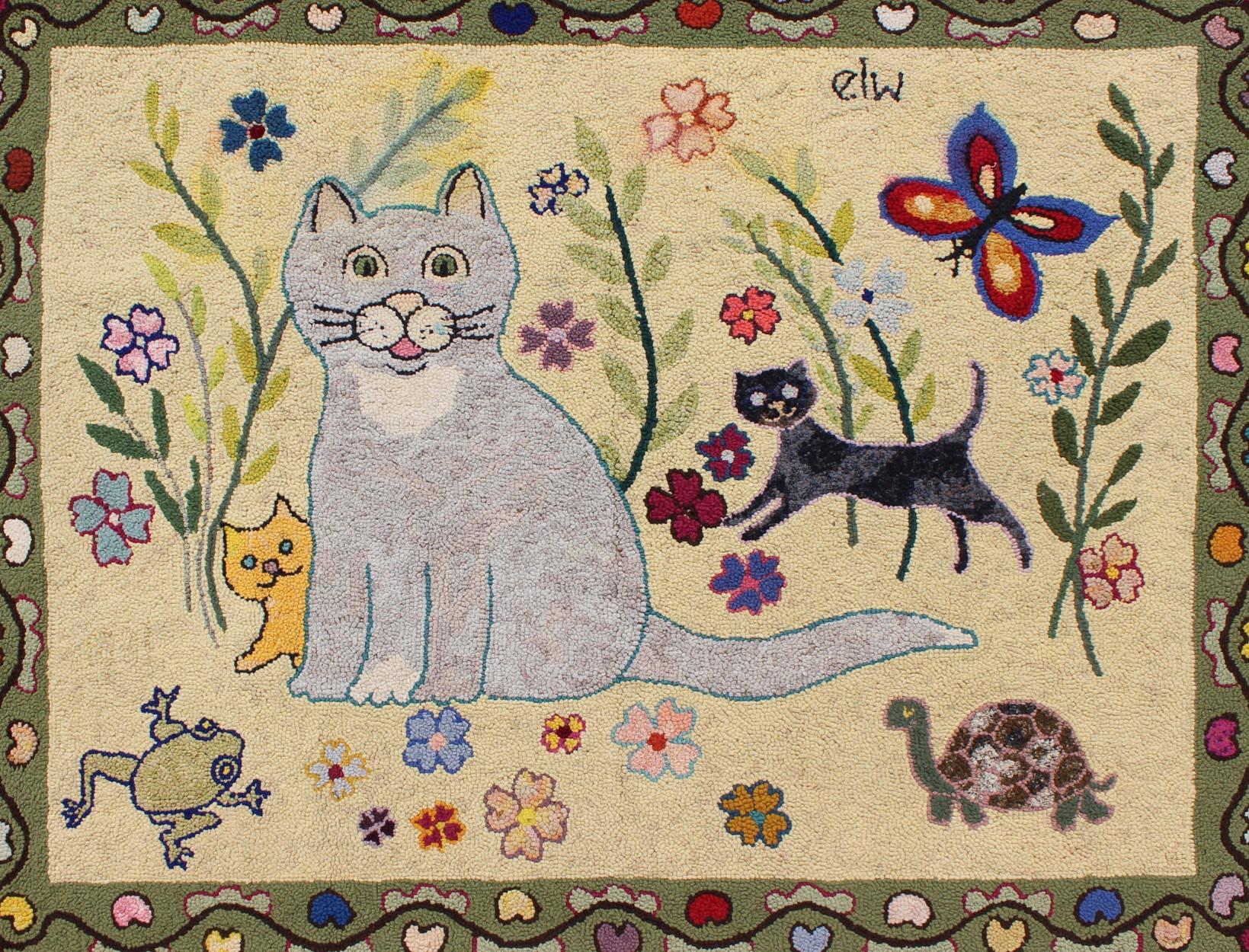 American Craftsman Vintage American Hooked Rug with Cats, Butterfly, Frog, Turtle, and Flowers