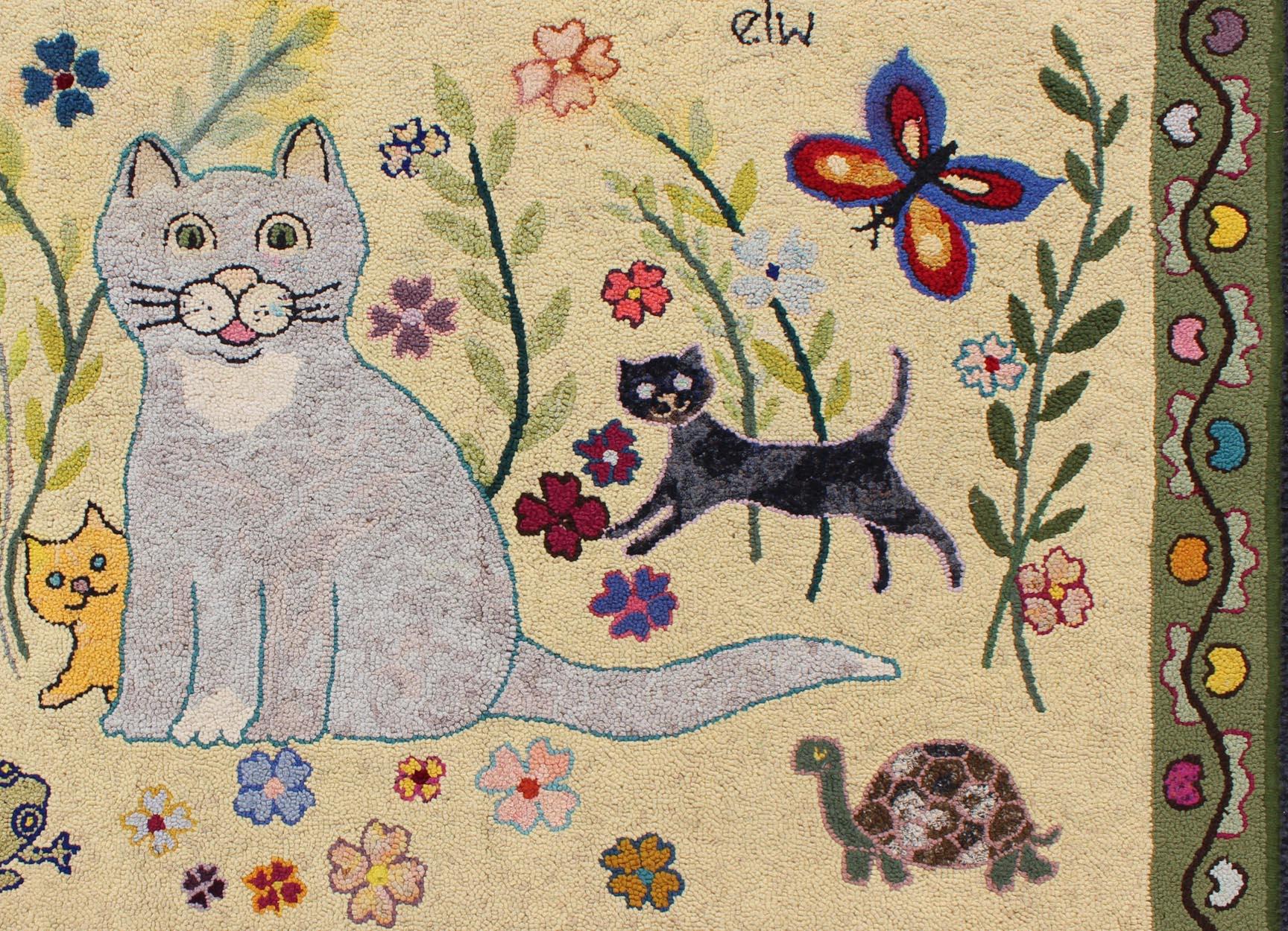 Hand-Knotted Vintage American Hooked Rug with Cats, Butterfly, Frog, Turtle, and Flowers