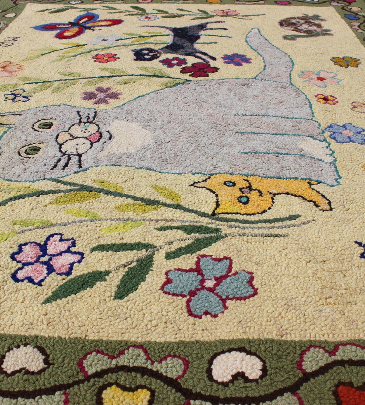 Vintage American Hooked Rug with Cats, Butterfly, Frog, Turtle, and Flowers In Excellent Condition In Atlanta, GA