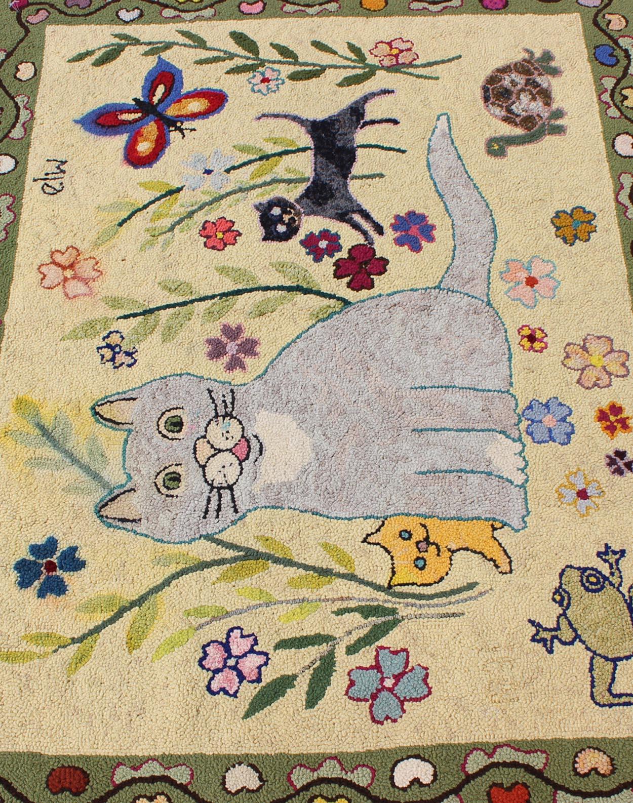 20th Century Vintage American Hooked Rug with Cats, Butterfly, Frog, Turtle, and Flowers