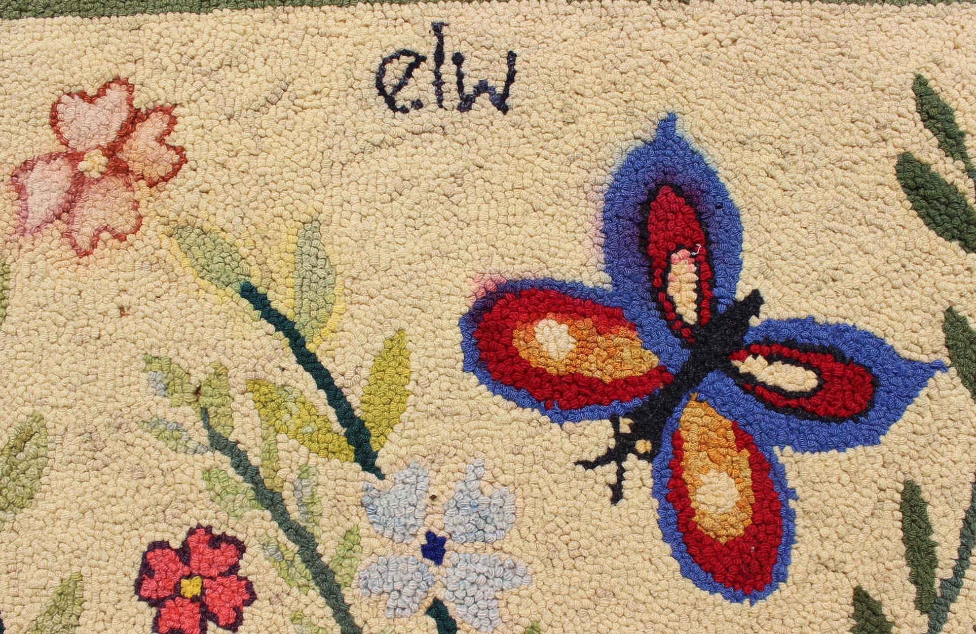 Vintage American Hooked Rug with Cats, Butterfly, Frog, Turtle, and Flowers 1