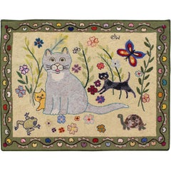 Vintage American Hooked Rug with Cats, Butterfly, Frog, Turtle, and Flowers