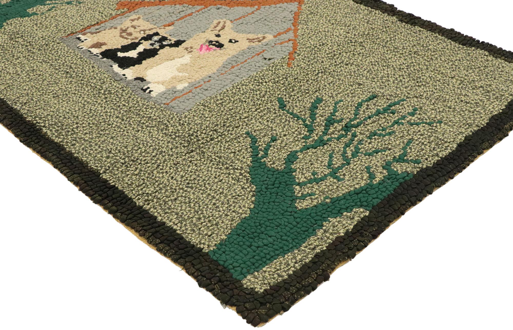 77486, vintage American hooked rug with Country cottage style, Wall hanging dogs pictorial tapestry. Balancing cozy simplicity and rugged beauty with inimitable warmth, this vintage American hooked rug embodies a country cottage style. It features