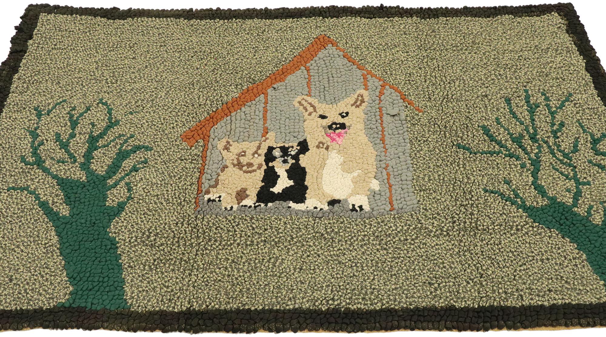 Other Vintage American Hooked Rug with Country Cottage Style, Dog Pictorial Tapestry