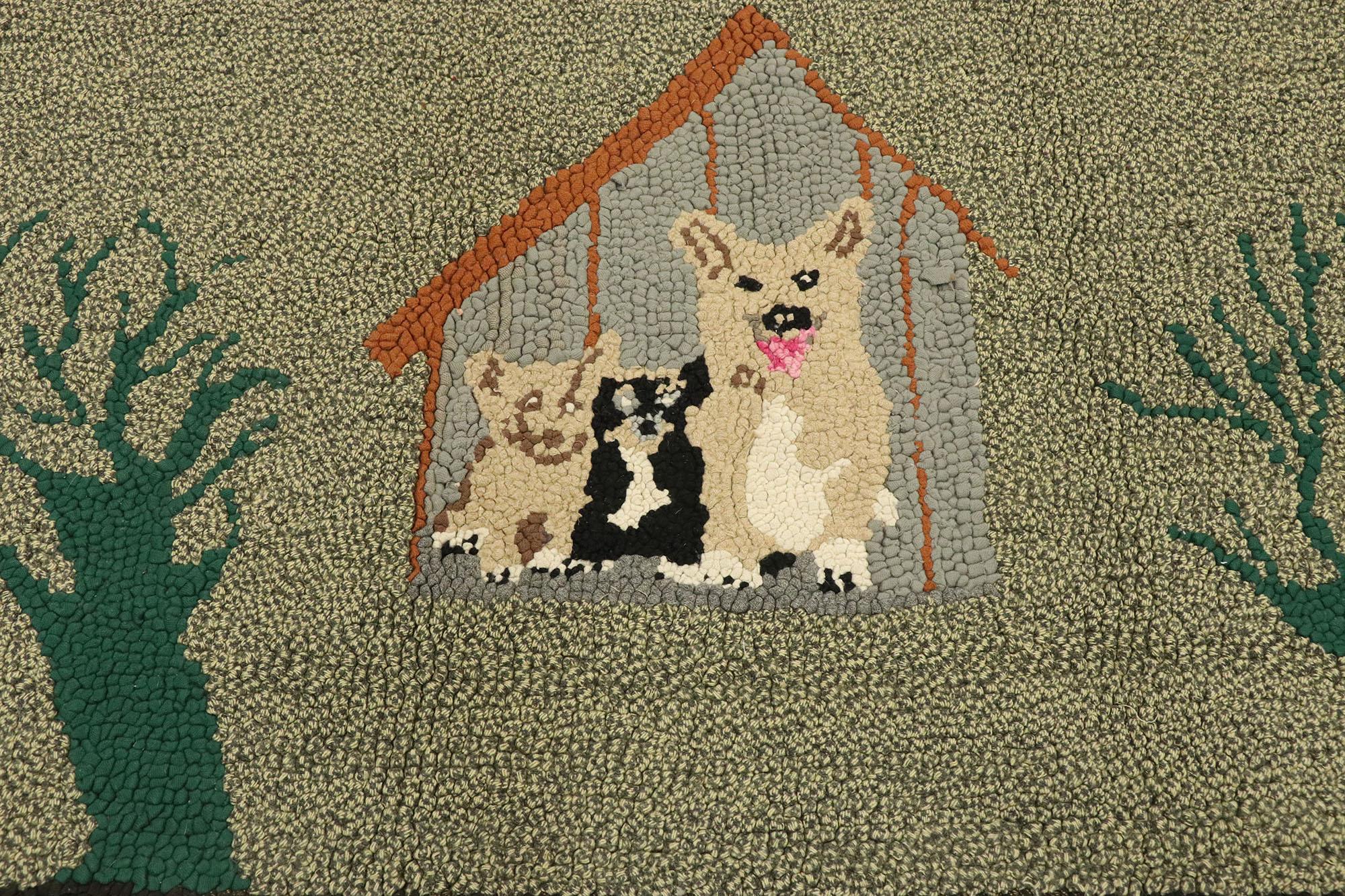 Vintage American Hooked Rug with Country Cottage Style, Dog Pictorial Tapestry In Distressed Condition In Dallas, TX