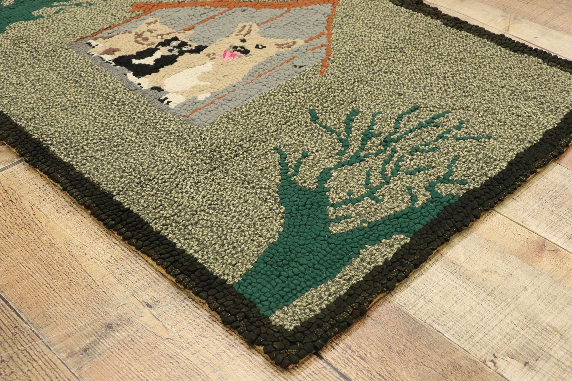 20th Century Vintage American Hooked Rug with Country Cottage Style, Dog Pictorial Tapestry