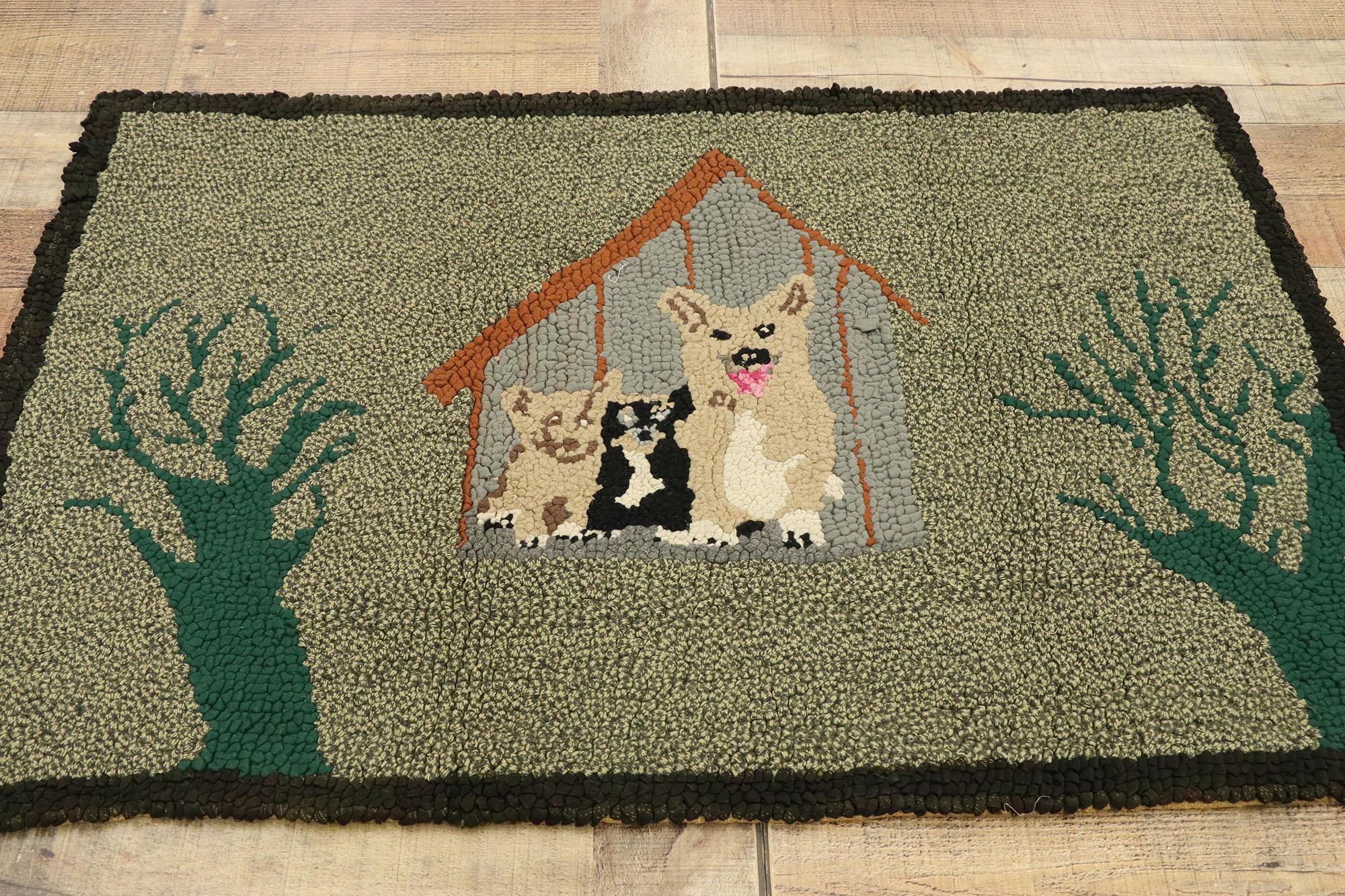 Wool Vintage American Hooked Rug with Country Cottage Style, Dog Pictorial Tapestry