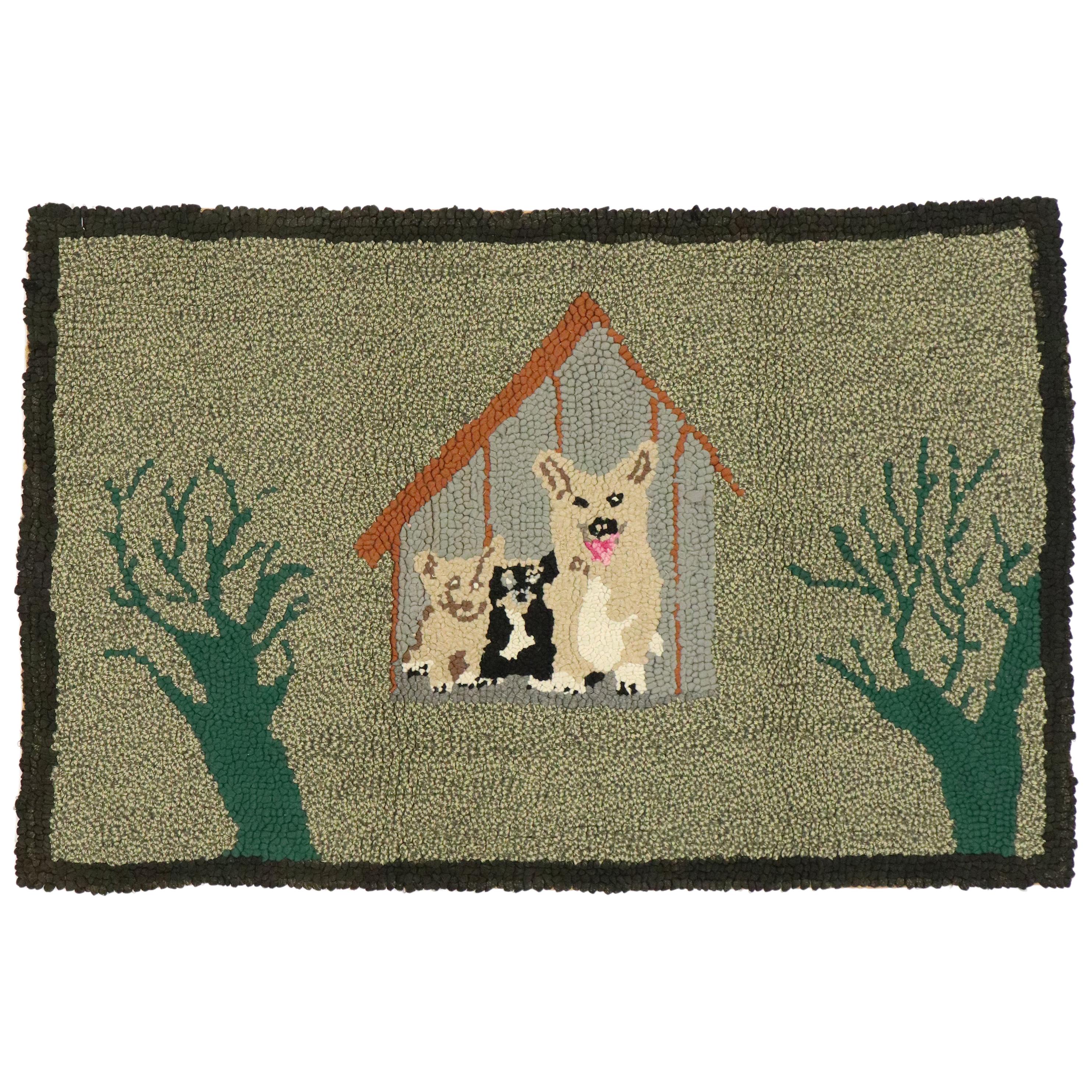 Vintage American Hooked Rug with Country Cottage Style, Dog Pictorial Tapestry