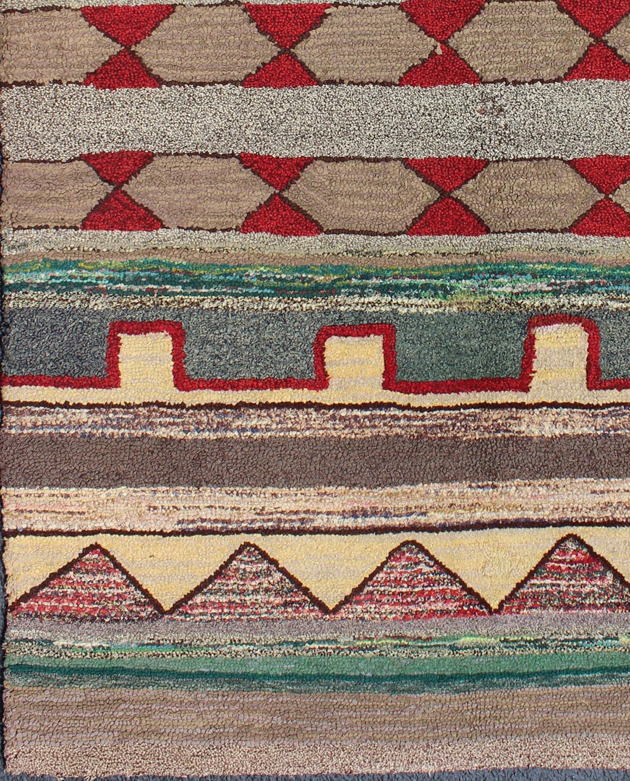 American Colonial Vintage American Hooked Rug with Geometric Tribal Designs For Sale