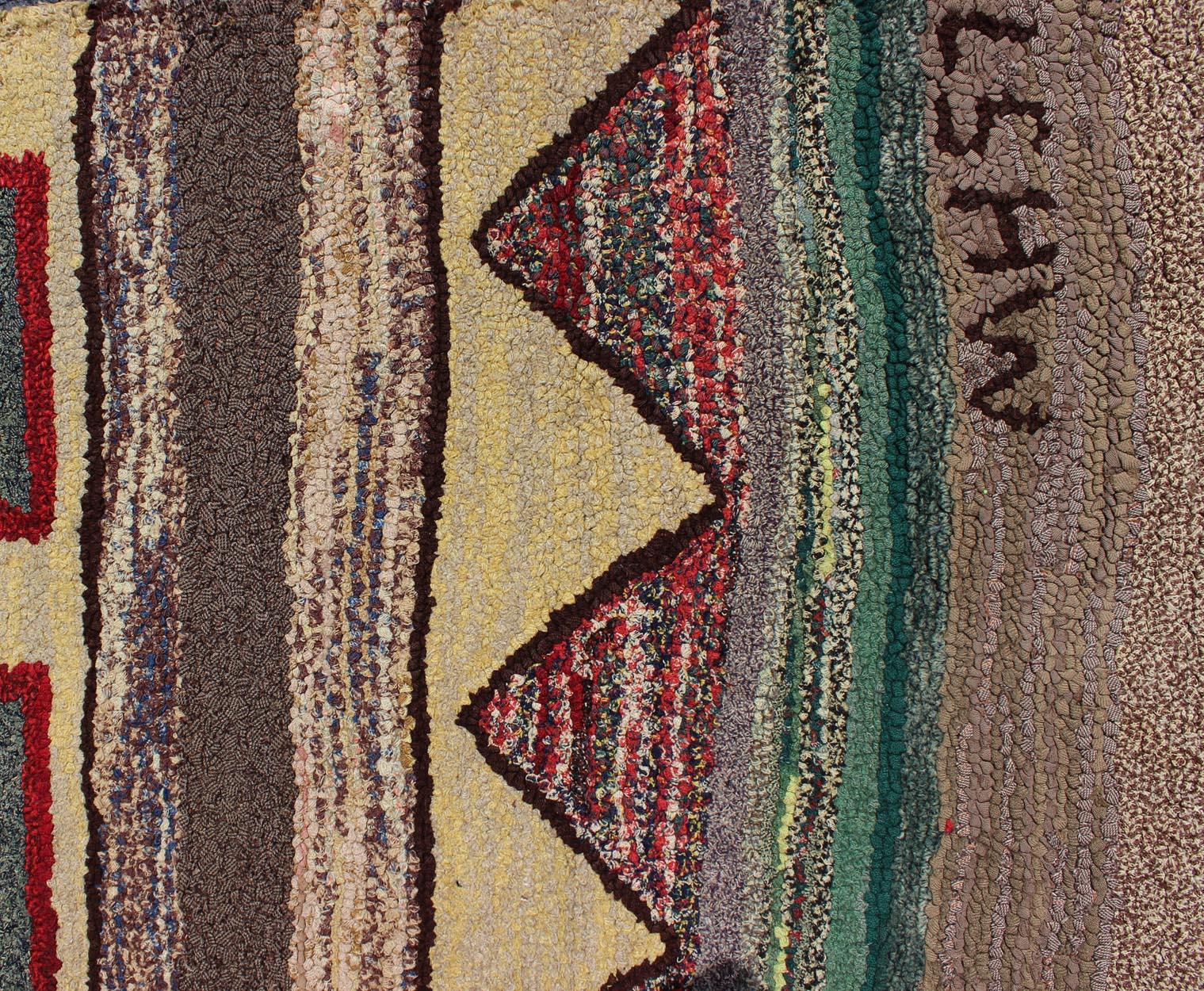 Wool Vintage American Hooked Rug with Geometric Tribal Designs For Sale