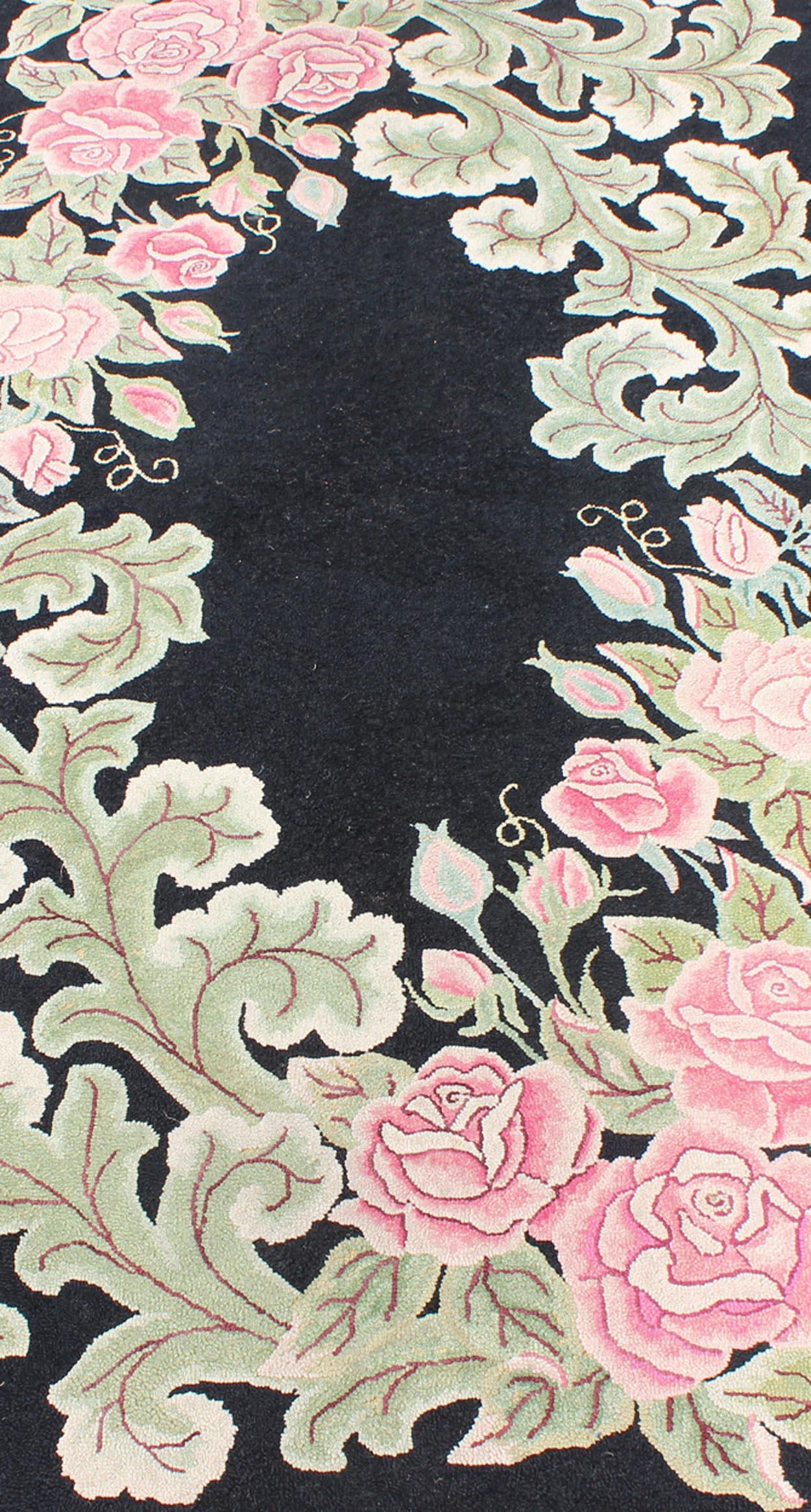American Colonial Vintage American Hooked Rug with Large Floral Design on a Black Background For Sale