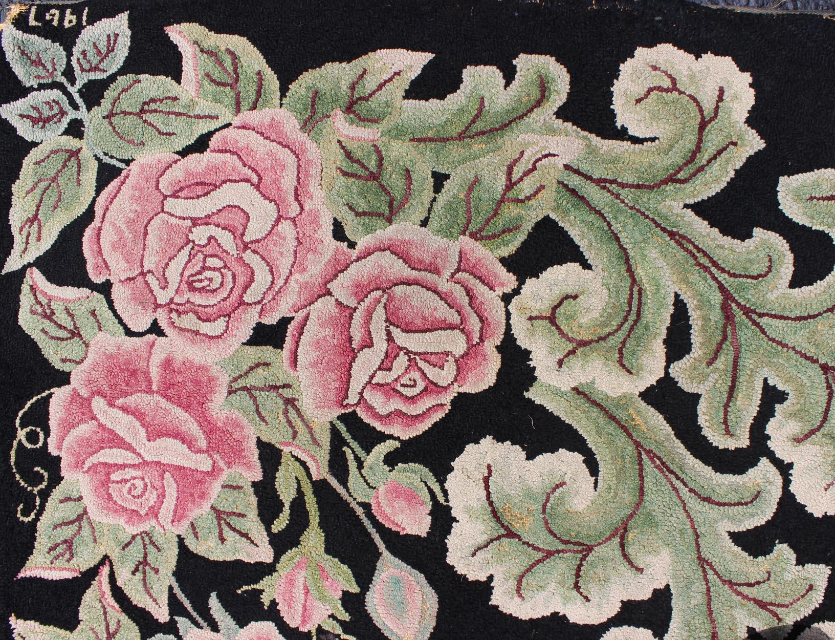 Hand-Woven Vintage American Hooked Rug with Large Floral Design on a Black Background For Sale