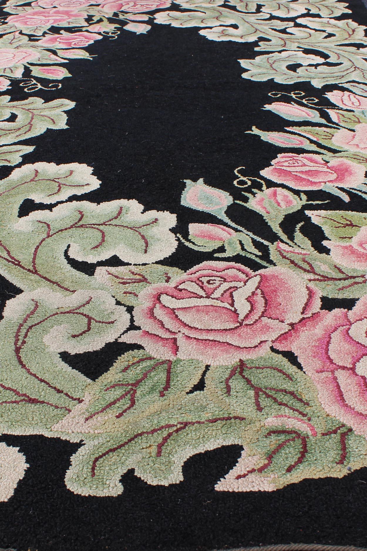 Vintage American Hooked Rug with Large Floral Design on a Black Background In Good Condition For Sale In Atlanta, GA