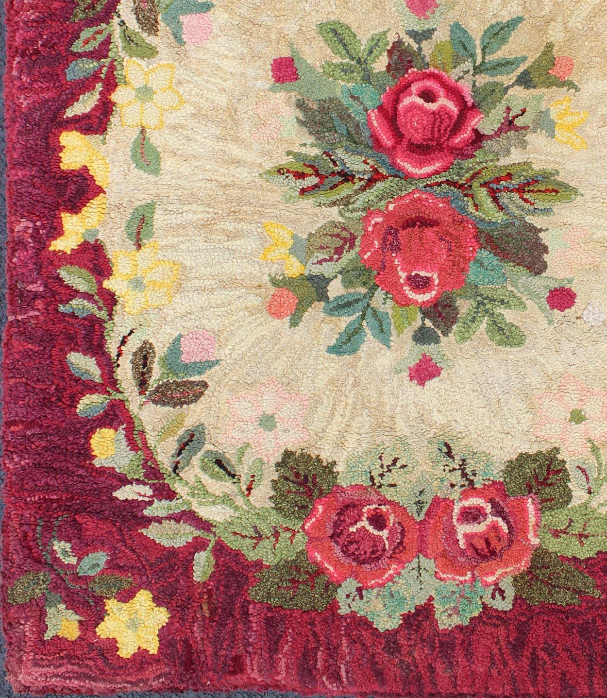 Vintage American Hooked rug with red rose and yellow flower bouquets, rug j10-1202, country of origin / type: United States / Hooked, circa 1930

This antique American Hooked rug depicts beautiful floral arrangements/bouquets placed within a