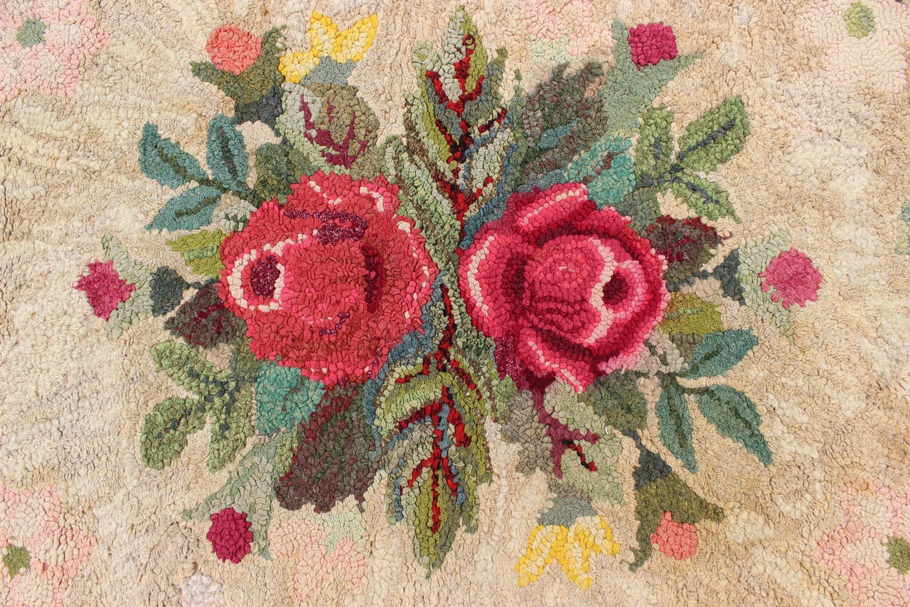 Hand-Knotted Vintage American Hooked Rug with Red Rose and Yellow Flower Bouquets For Sale