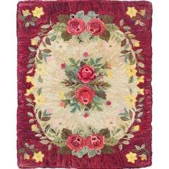 Vintage American Hooked Rug with Red Rose and Yellow Flower Bouquets