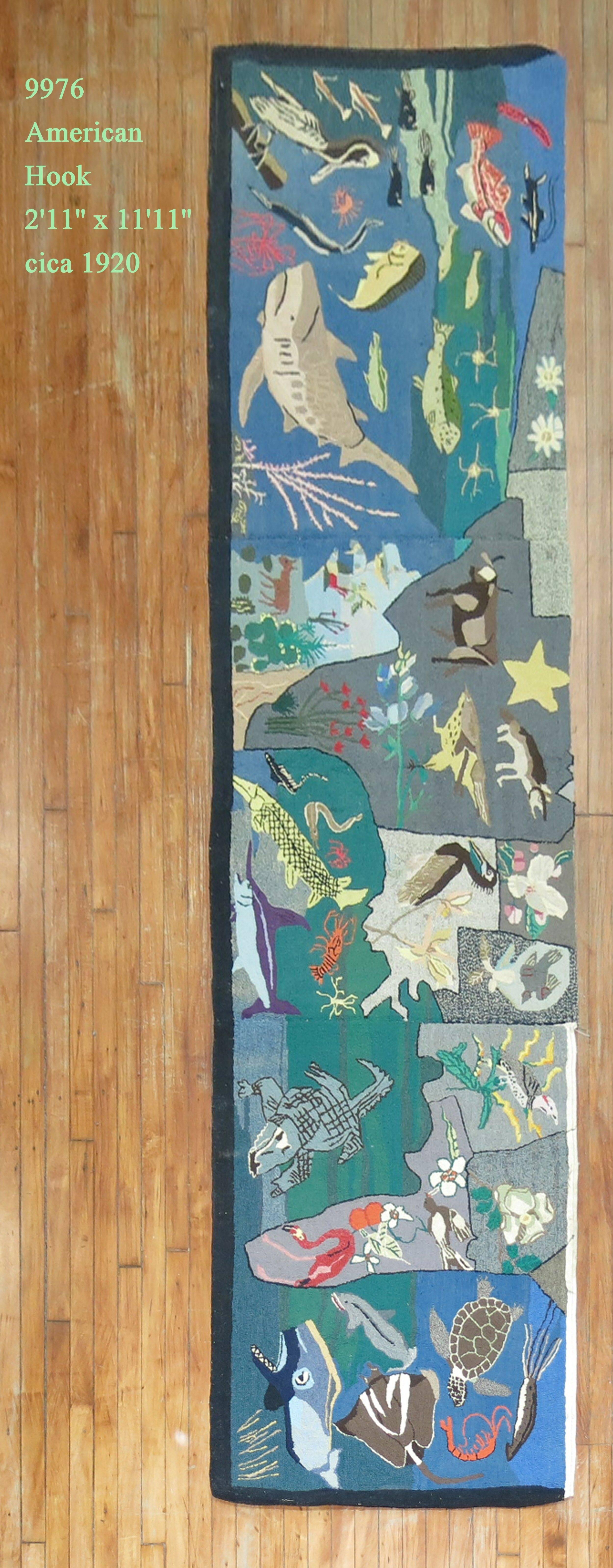 A rare handmade American Hooked rug from the early part of the 20th century showing the southern part of the United States with various different type of animals. Condition is really nice - no stains, no tears. It depicts all sorts of animals by