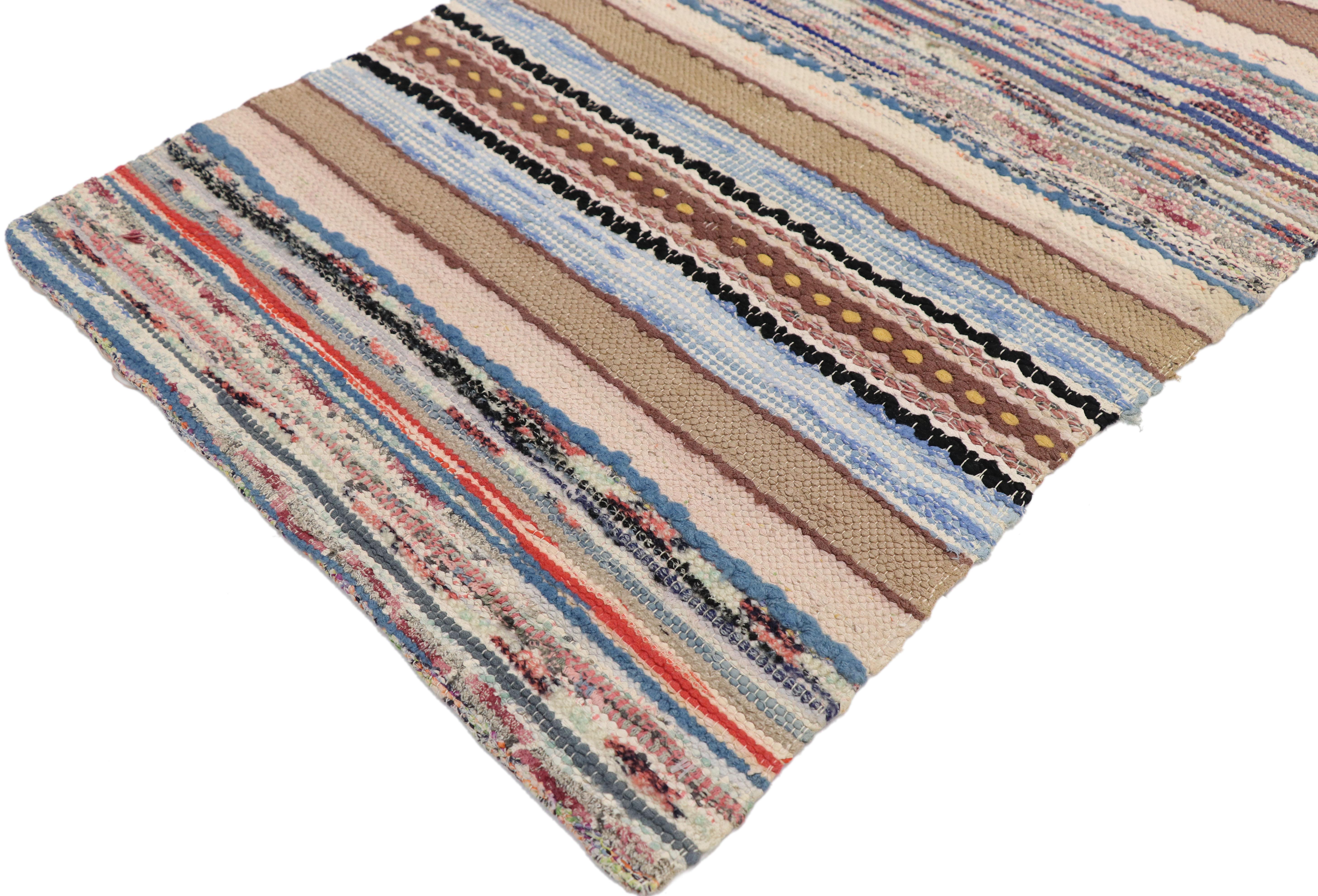 73112 Vintage American hooked runner with Bohemian style, narrow striped hallway runner. This vintage American Hooked runner features a variety of colorful stripes composed of both wide and narrow bands forming a captivating visual effect. Vintage,