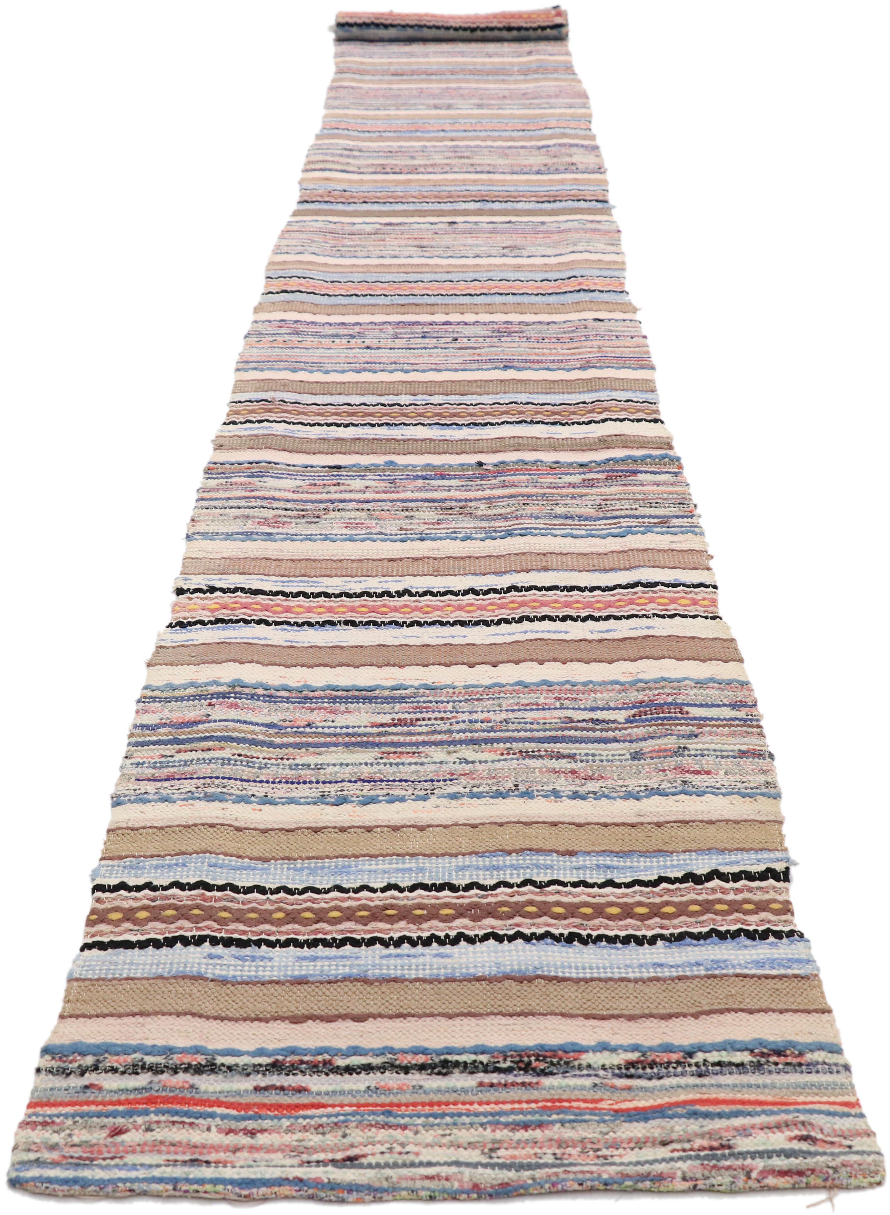 American Colonial Vintage American Hooked Runner with Bohemian Style, Narrow Hall Striped Runner For Sale